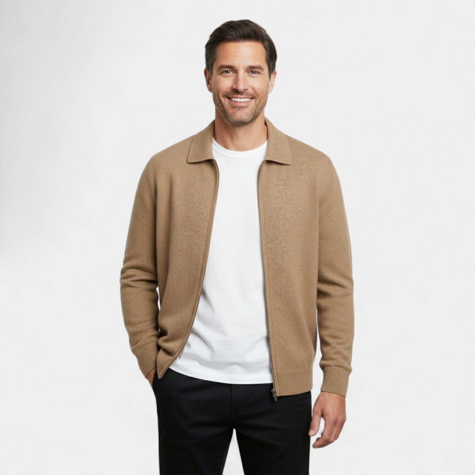 Riche | Cardigan homme laine mérinos – Tricot col revers zippé coupe raffinée