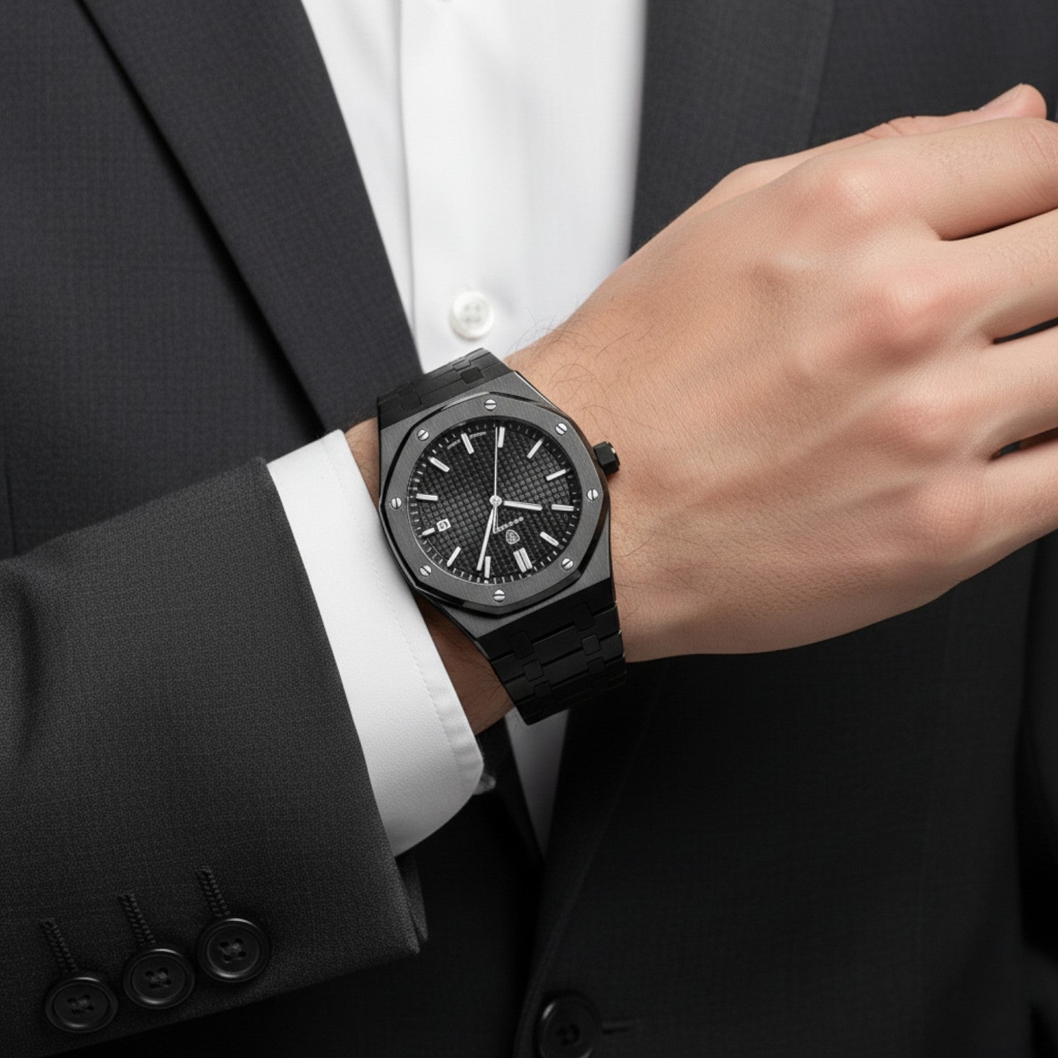 Riche | Montre pour Homme Acier Inoxydable Noire – Quartz Lumineuse et Étanche 42 mm