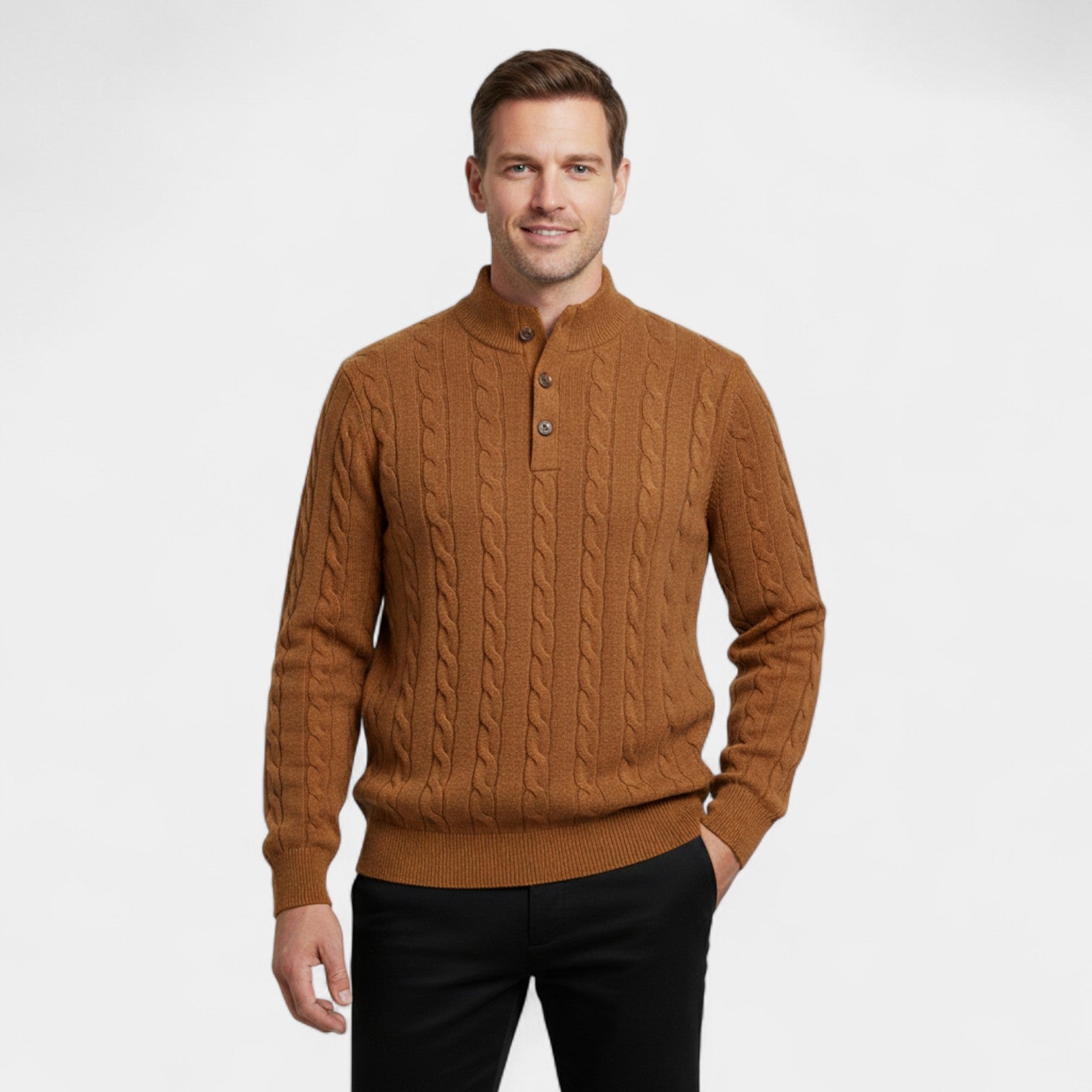 Riche | Pull en Laine Homme à Torsades – Col Demi-Montant Boutonné