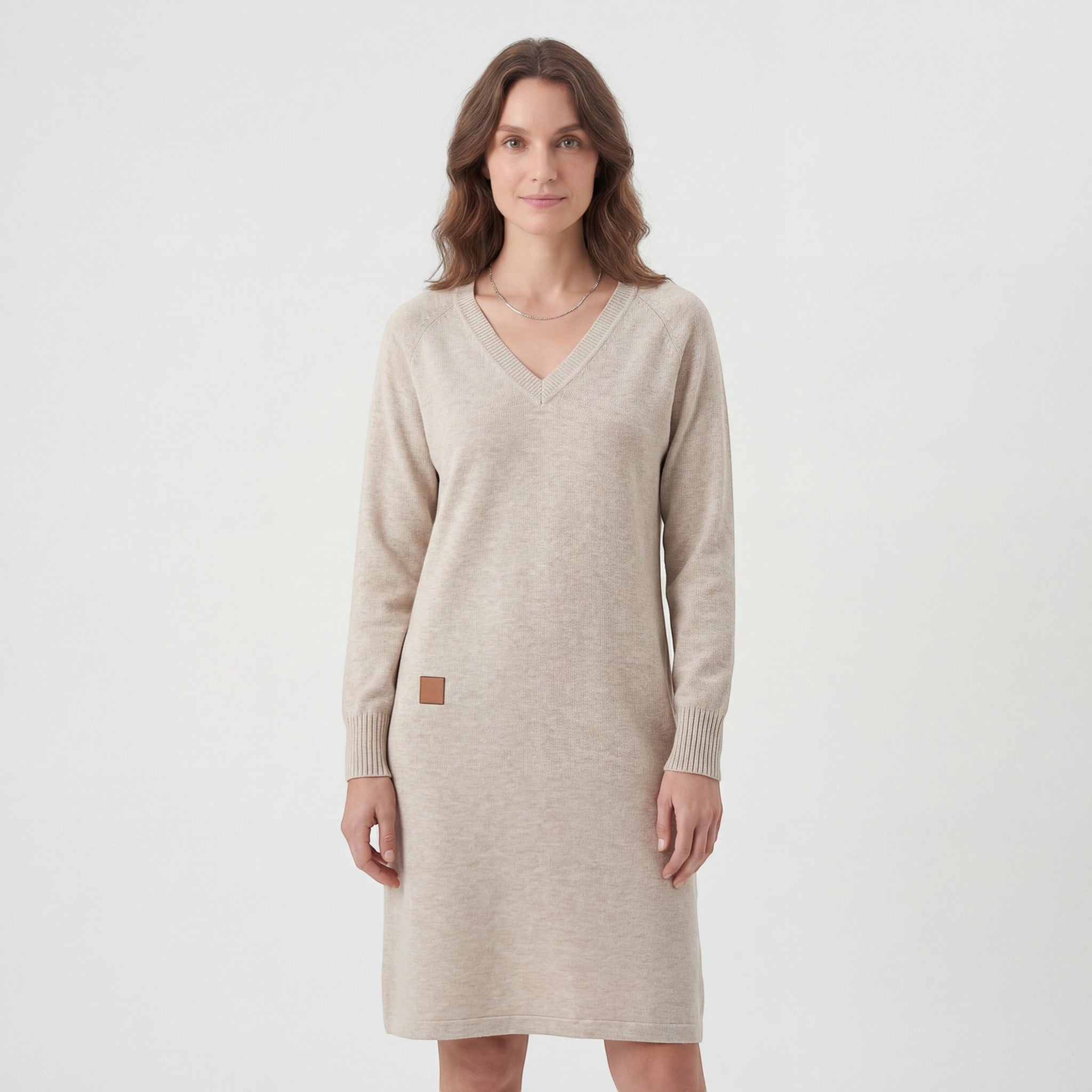 Robe Midi Femme Col V Manches Longues – Coupe Droite Décontractée | Maille Douce