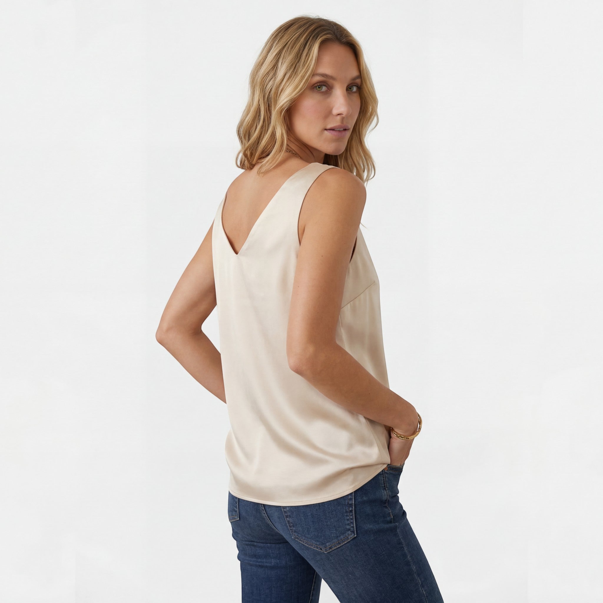 Haut en Soie Col V Femme – Coupe Décontractée Sans Manches | 100% Soie