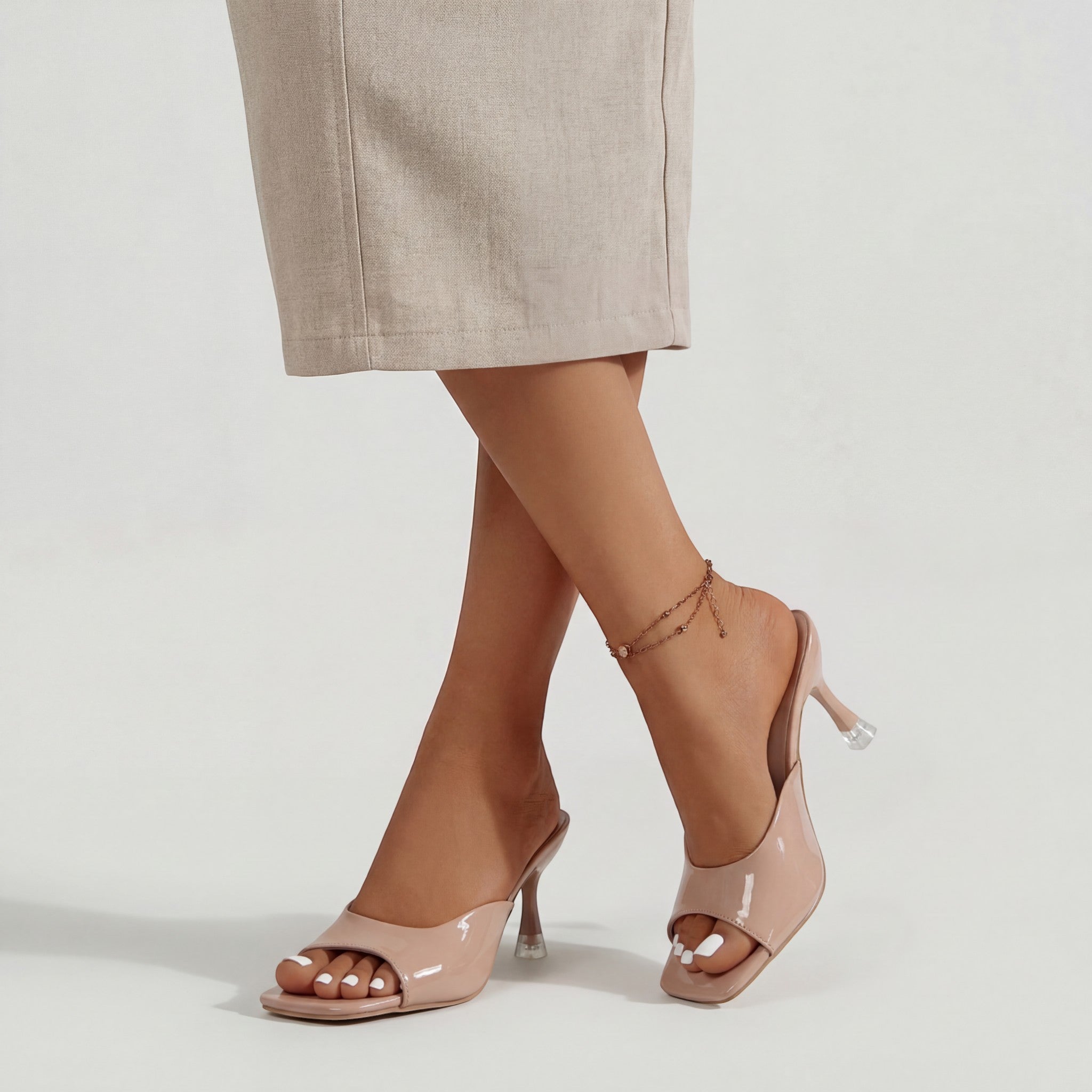 Mules à talon en cuir brillant pour femme – Bout carré
