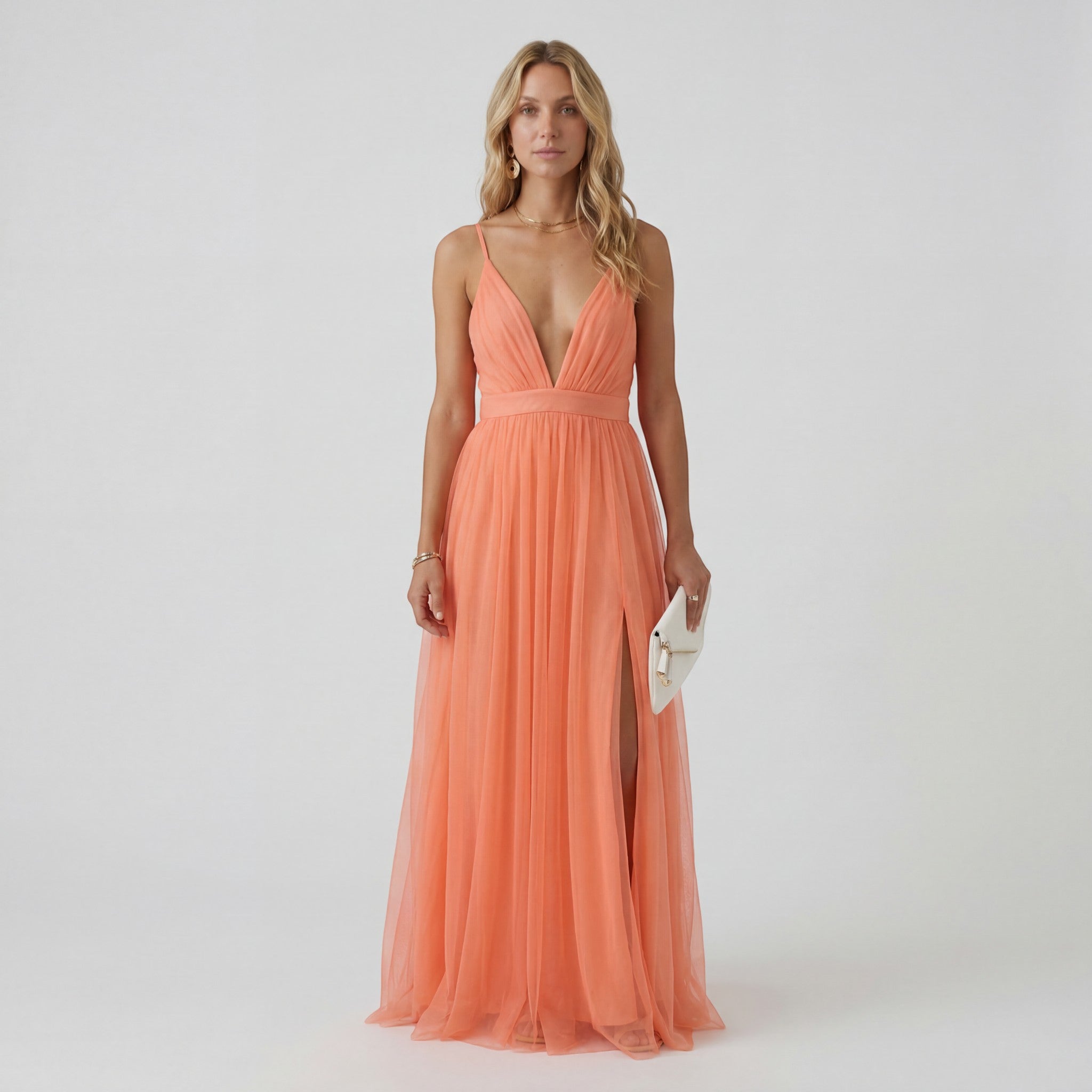 Robe Maxi Col V Femme – Taille Ajustée Jupe Fluide | Drapé Aérien Pêche