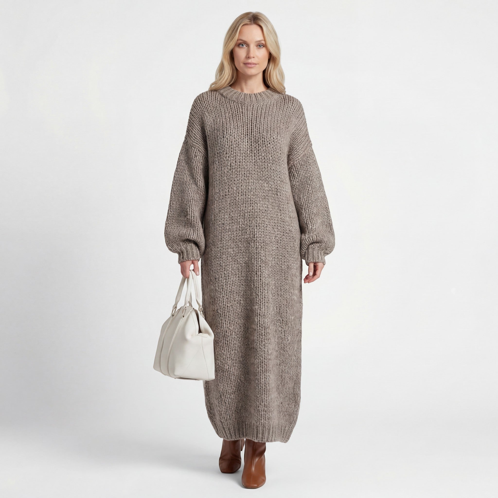 Robe Pull Femme Col Rond – Coupe Ample Manches Lanternes | Maille Mélange de Laine