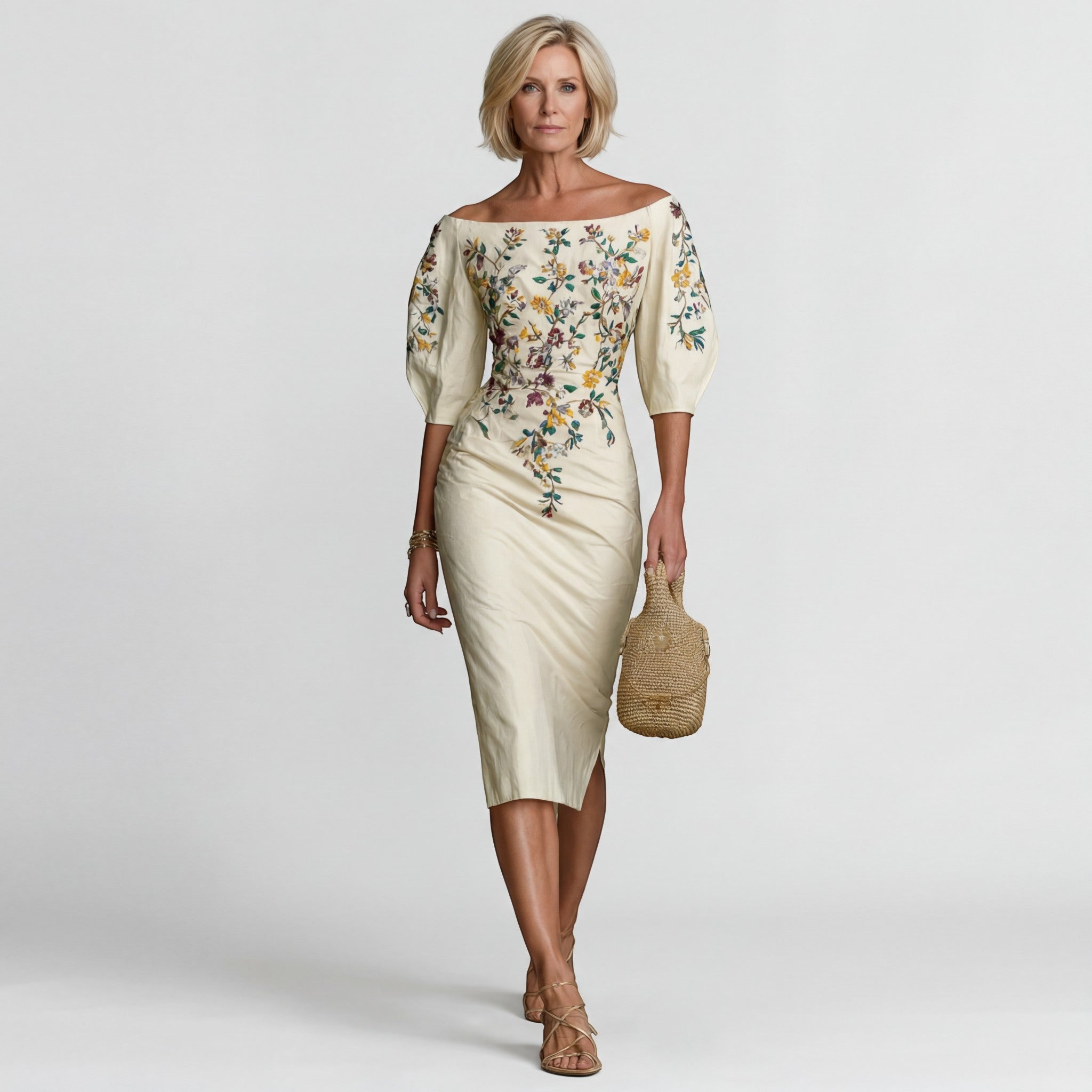 Robe Midi Épaules Dénudées Femme – Coupe Ajustée Tailleur | Mélange de Coton