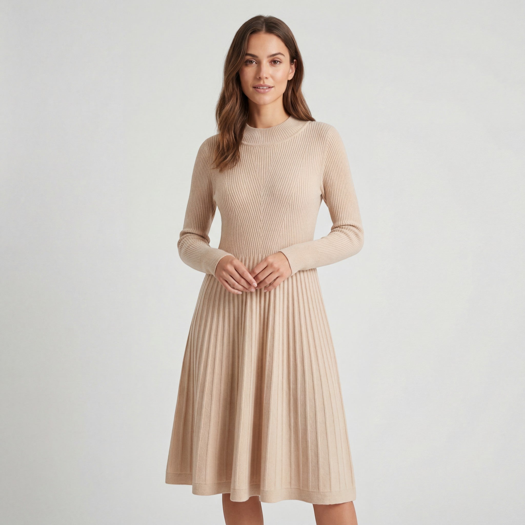 Robe midi femme en maille cachemire – Manches longues coupe décontractée