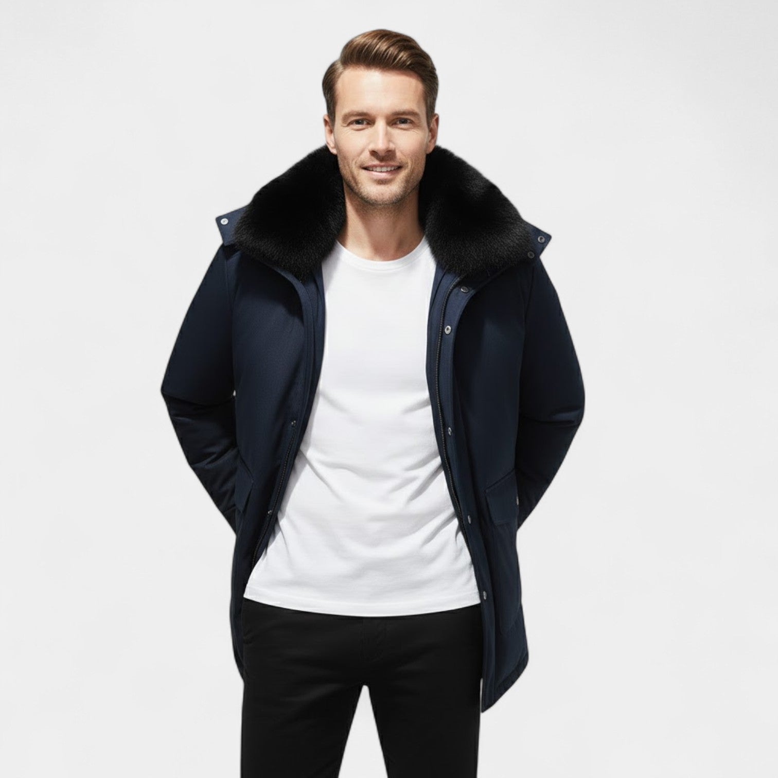 Riche | Manteau Homme Mi-Long – Veste Doublée à Col en Fourrure