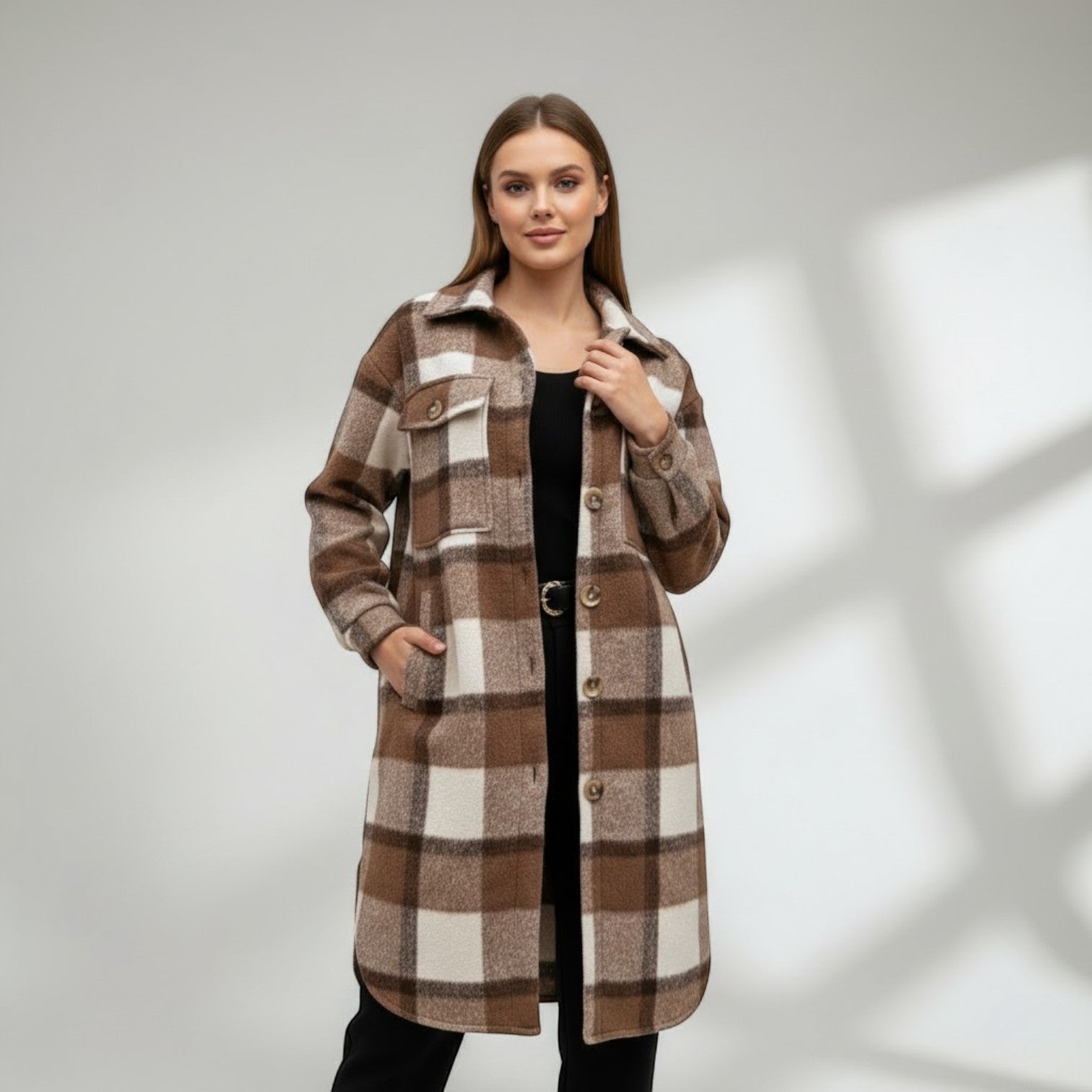 Riche | Manteau Femme Long en Coton et Laine à Carreaux