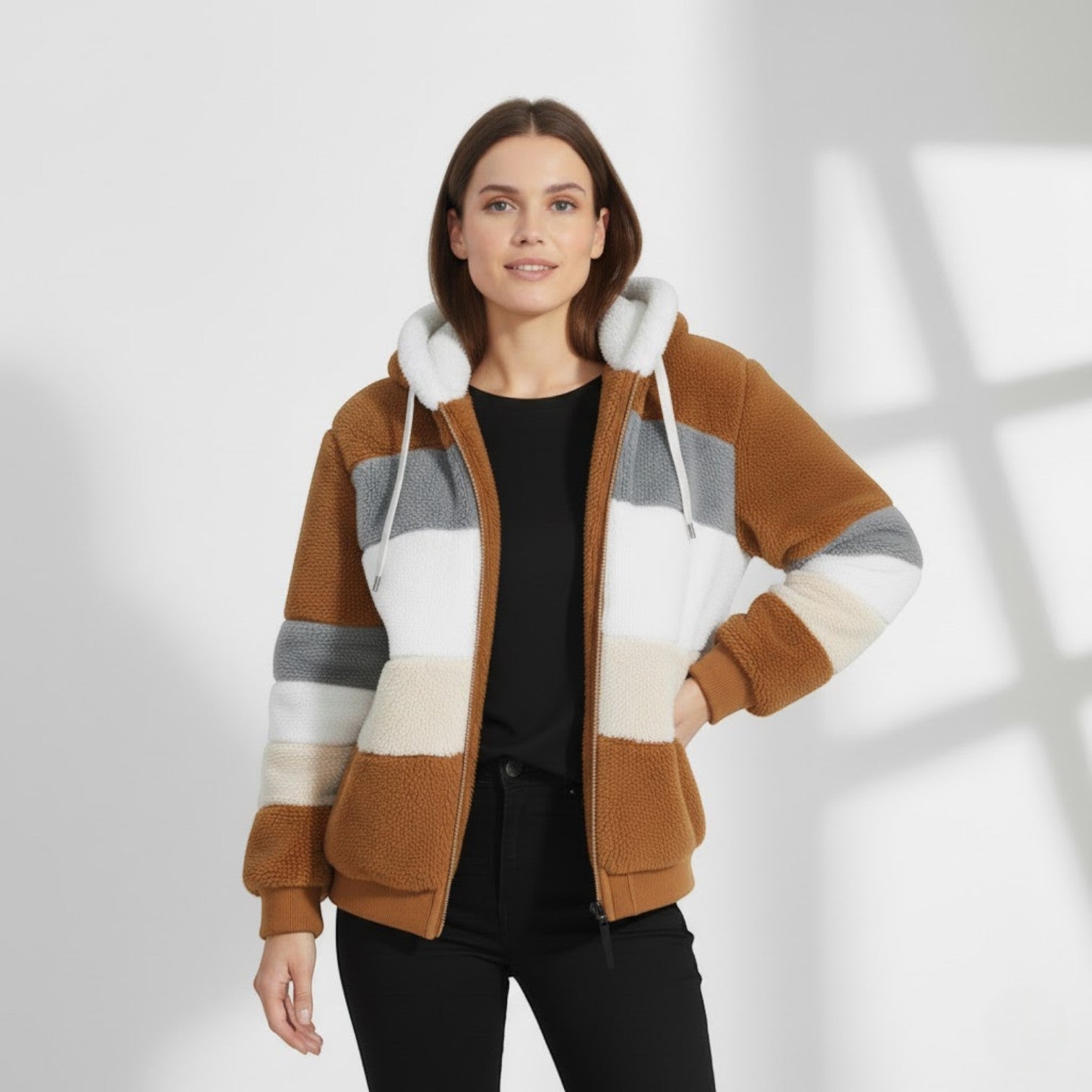 Riche | Manteau d’Hiver Femme à Capuche en Peluche Multicolore
