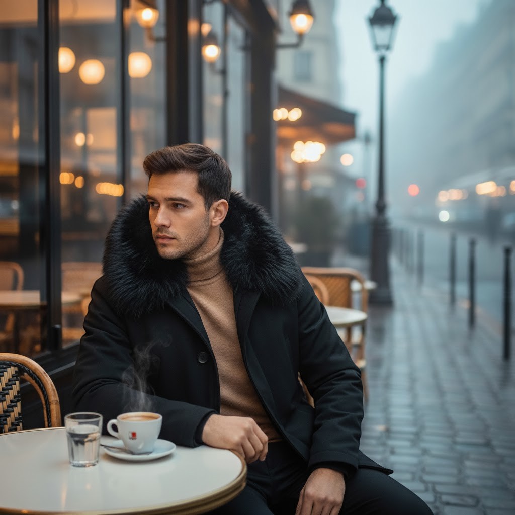 Riche | Manteau Homme Mi-Long – Veste Doublée à Col en Fourrure