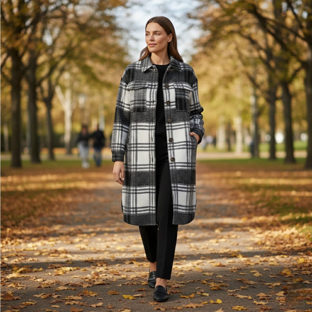 Riche | Manteau Femme Long en Coton et Laine à Carreaux