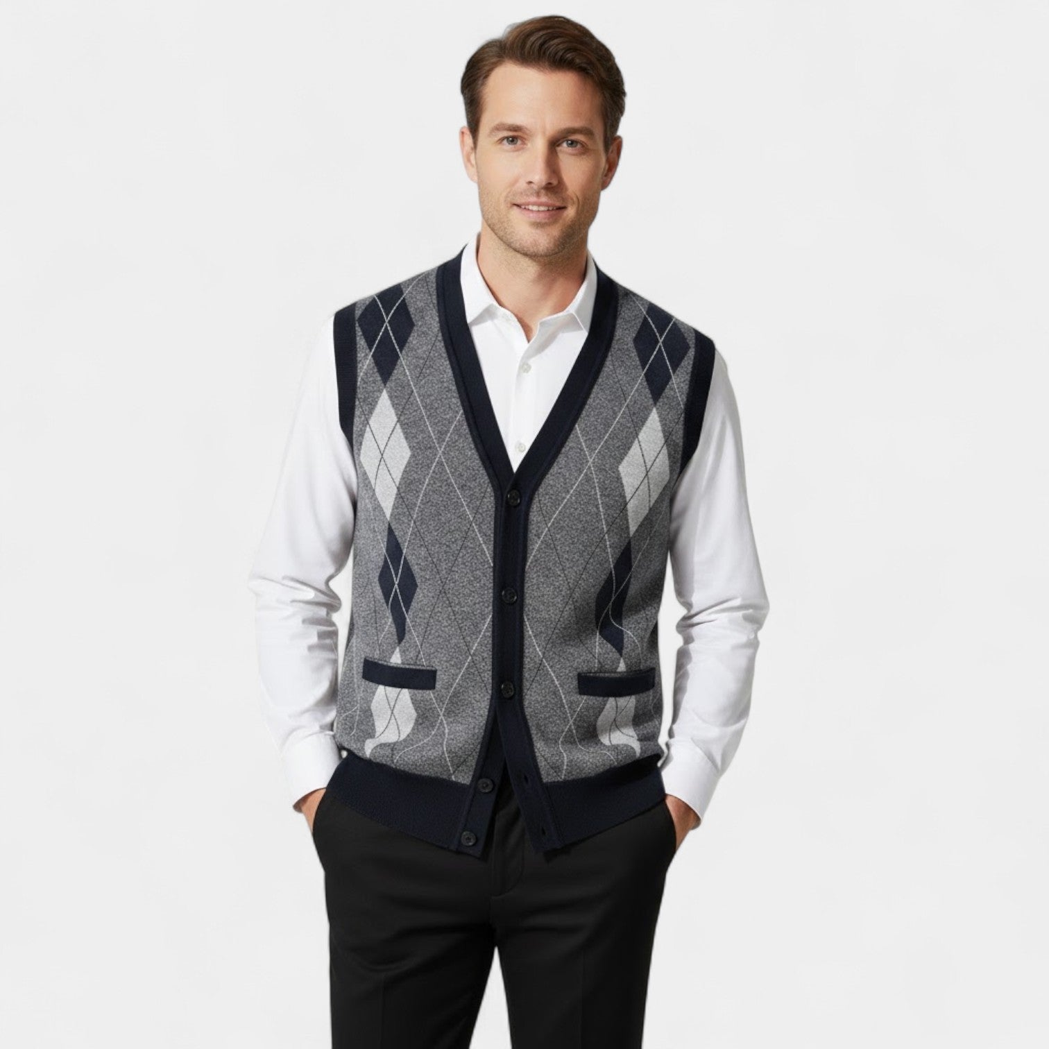 Riche | Gilet Sans Manches Col V Homme – Cardigan Boutonné à Motif