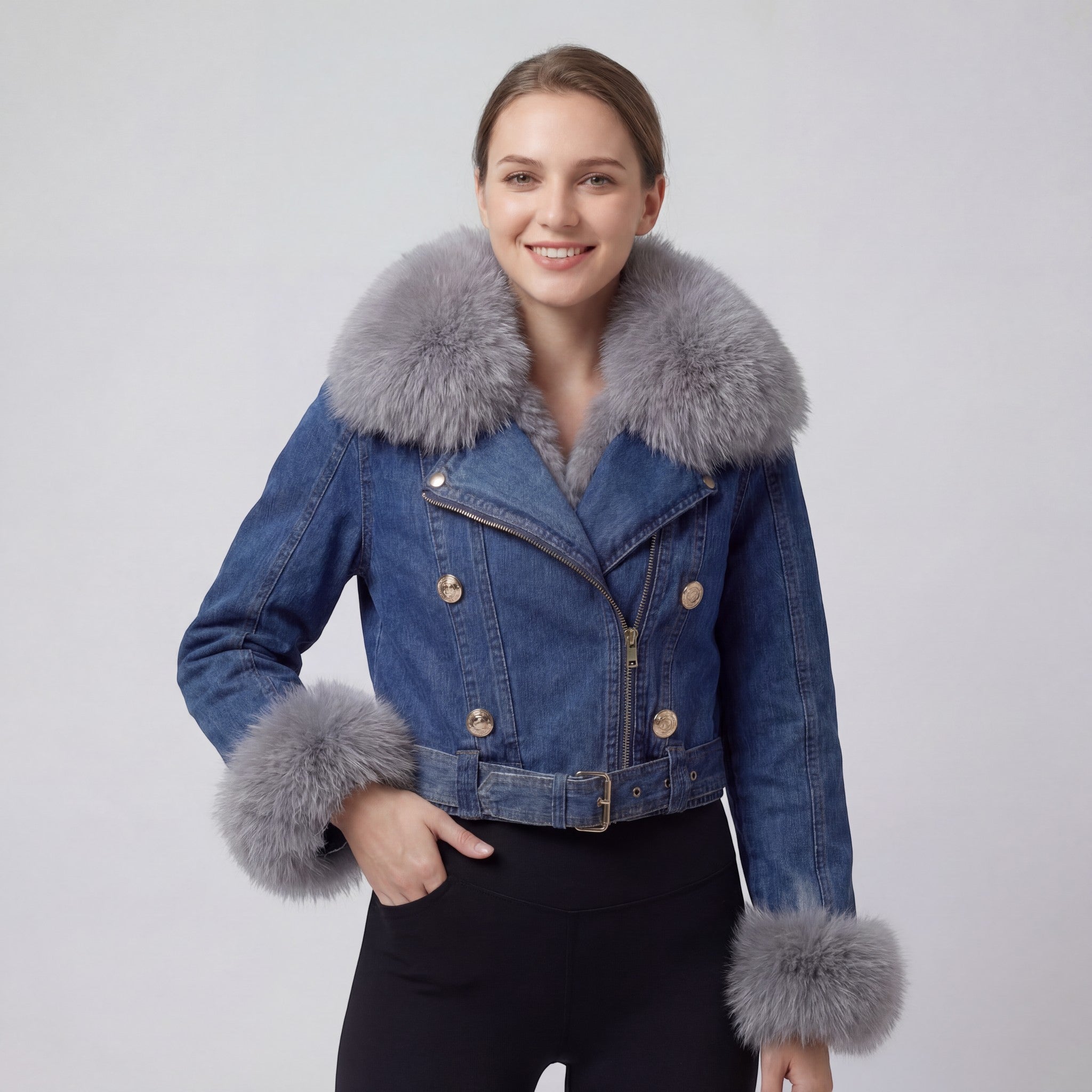 Riche | Veste femme en denim doublée de fourrure