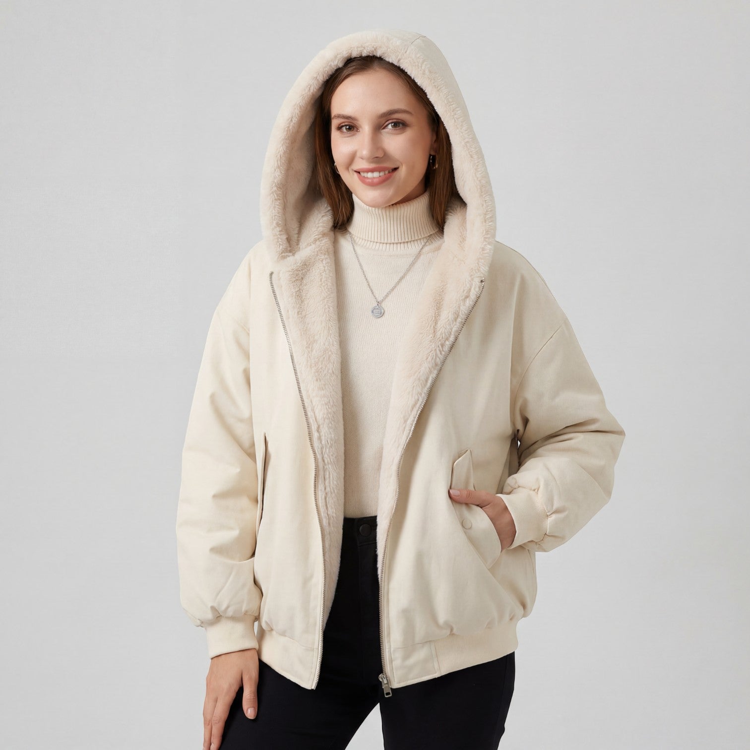 Riche | Veste Femme Réversible à Capuche en Tissu Pelucheux