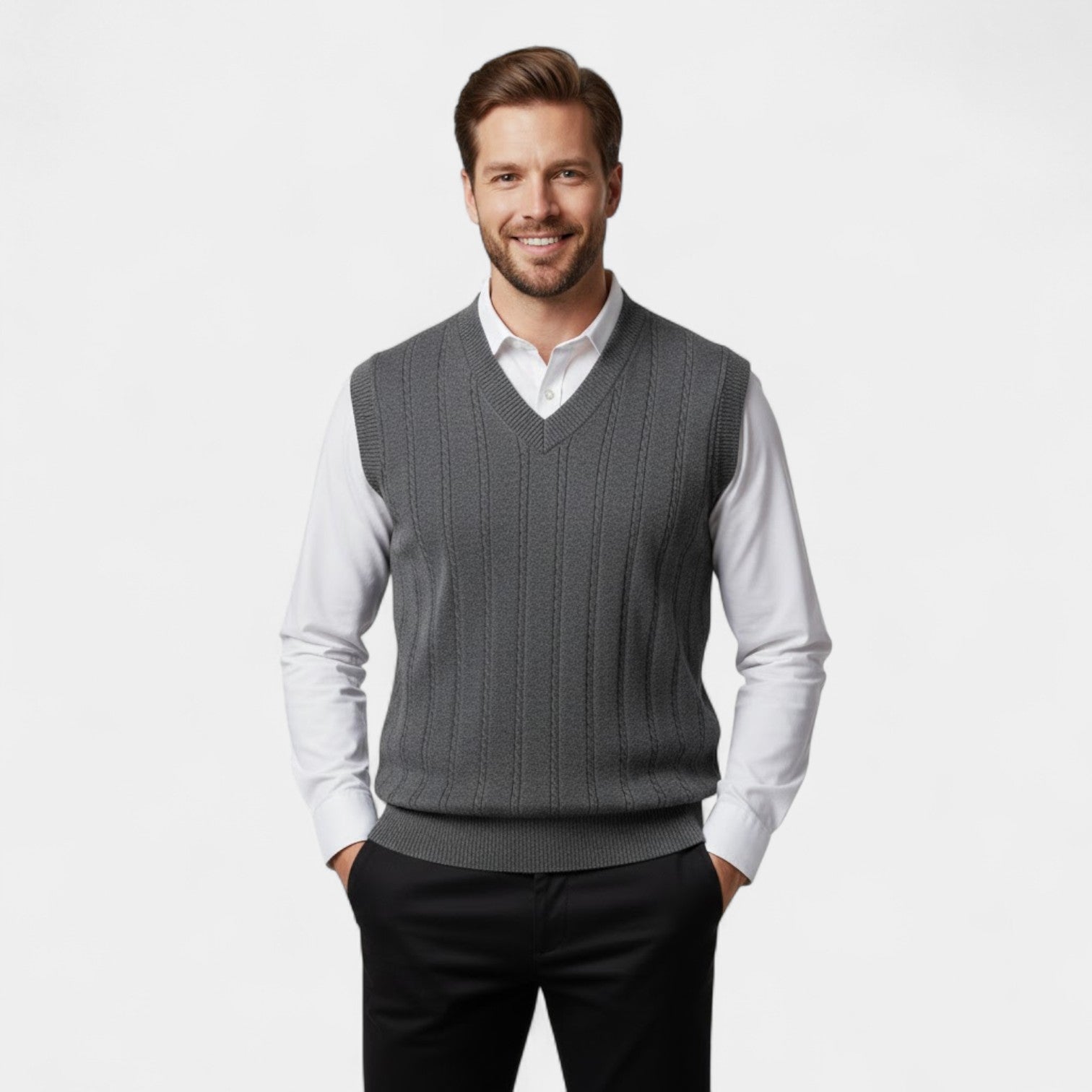 Riche | Gilet Sans Manches Col V Homme – Maille Torsadée