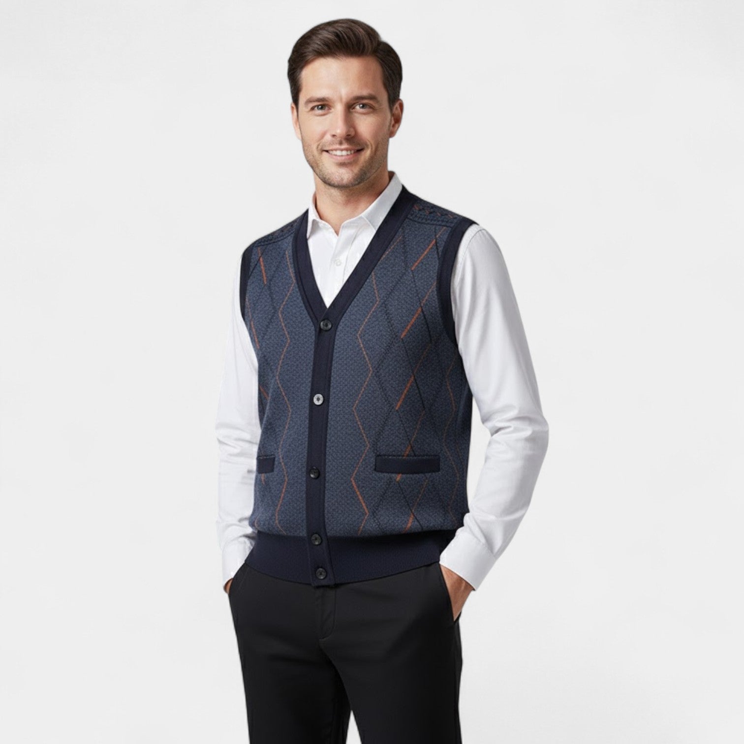 Riche | Gilet Sans Manches Col V Homme – Cardigan Boutonné à Motif