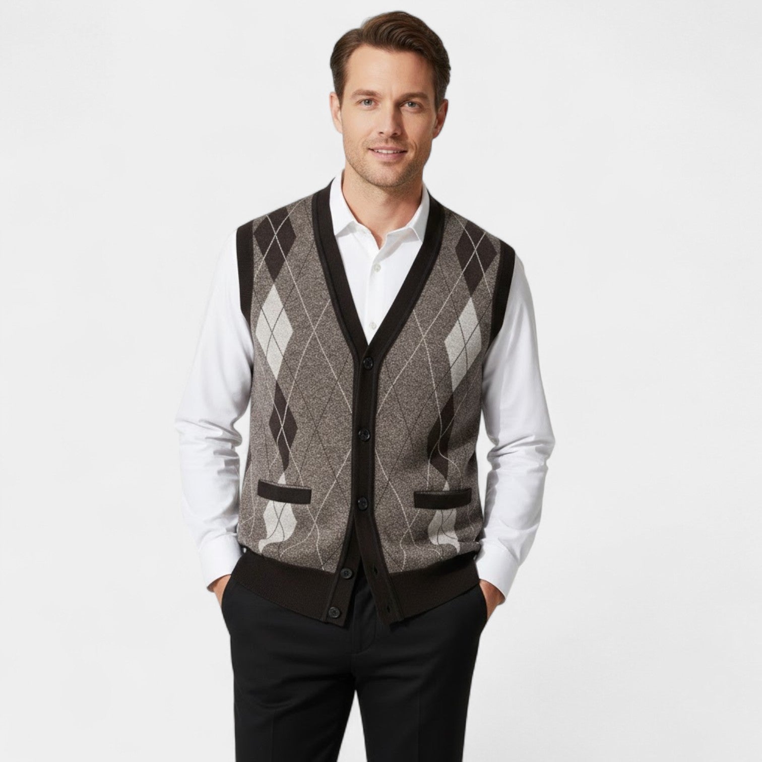 Riche | Gilet Sans Manches Col V Homme – Cardigan Boutonné à Motif