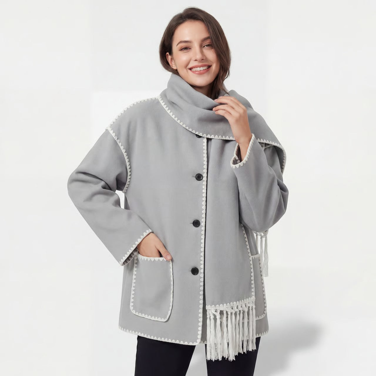 Riche | Manteau tissé coupe ample avec écharpe pour femme