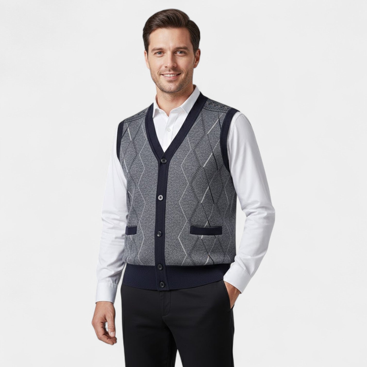Riche | Gilet Sans Manches Col V Homme – Cardigan Boutonné à Motif