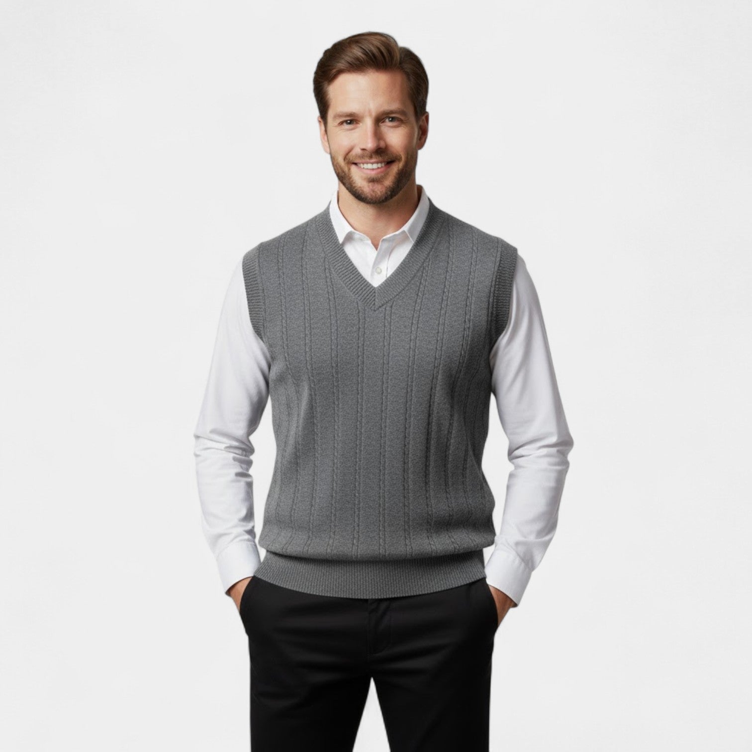 Riche | Gilet Sans Manches Col V Homme – Maille Torsadée