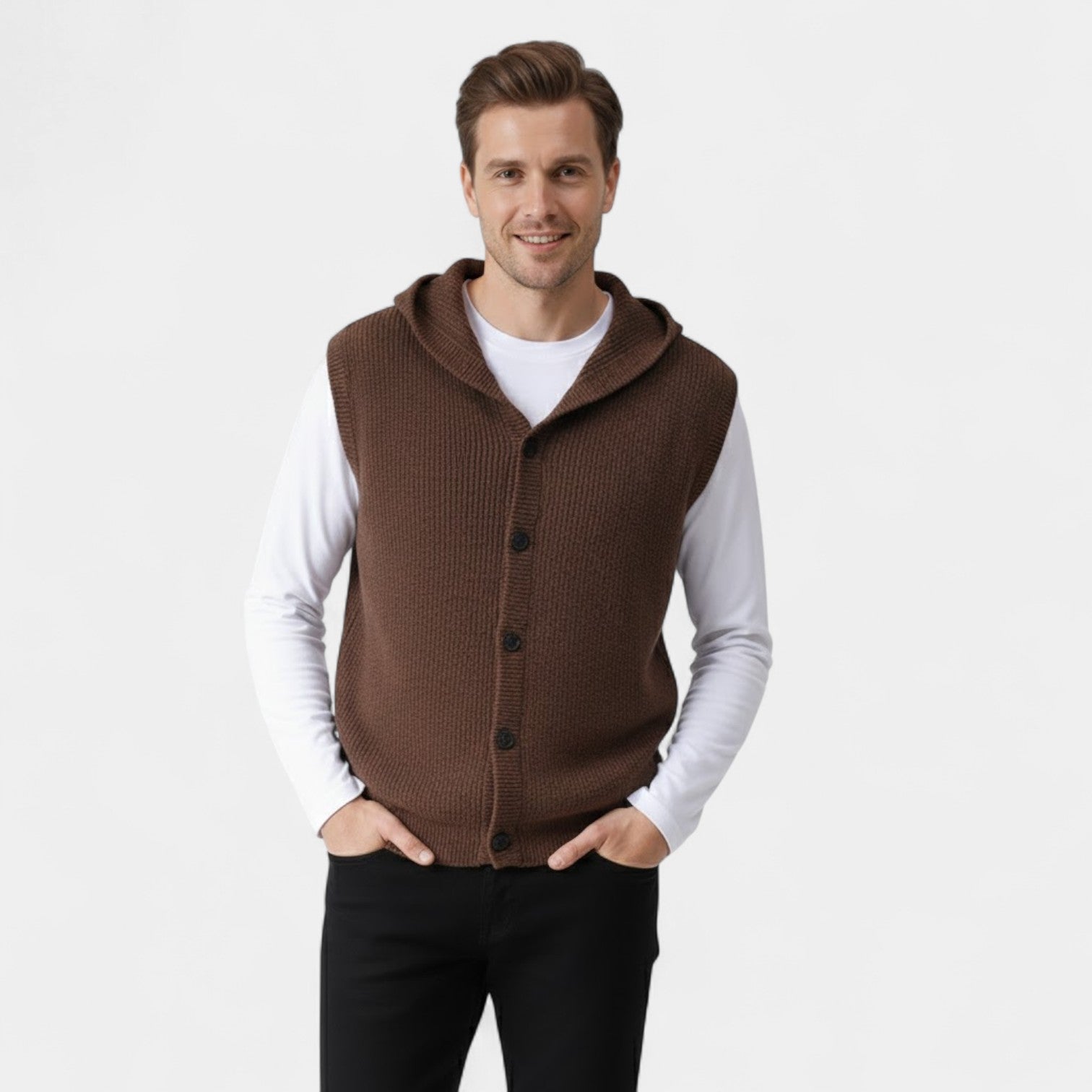 Riche | Gilet Sans Manches Col V Homme – 100% Laine Mérinos à Capuche