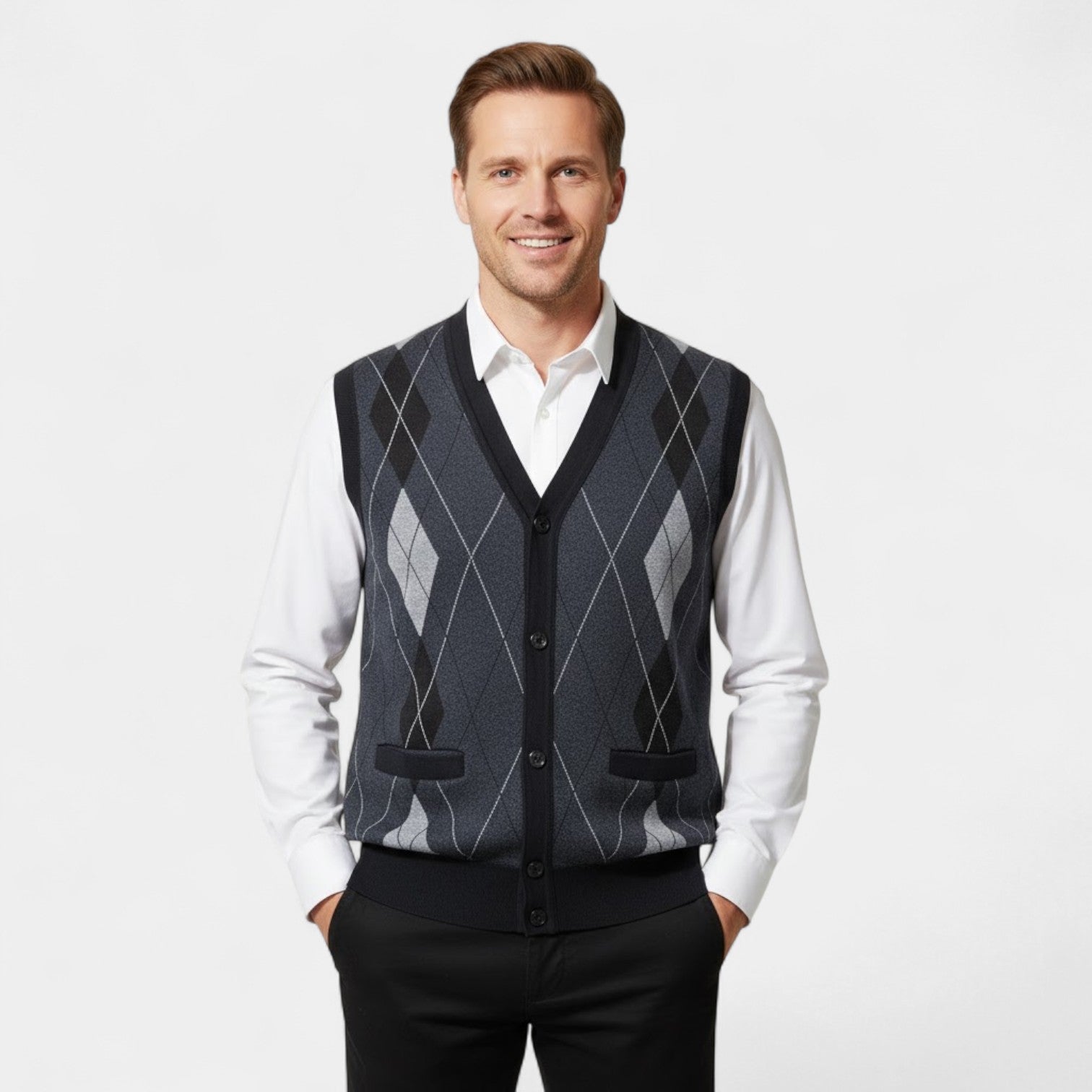 Riche | Gilet Sans Manches Col V Homme – Cardigan Boutonné à Motif