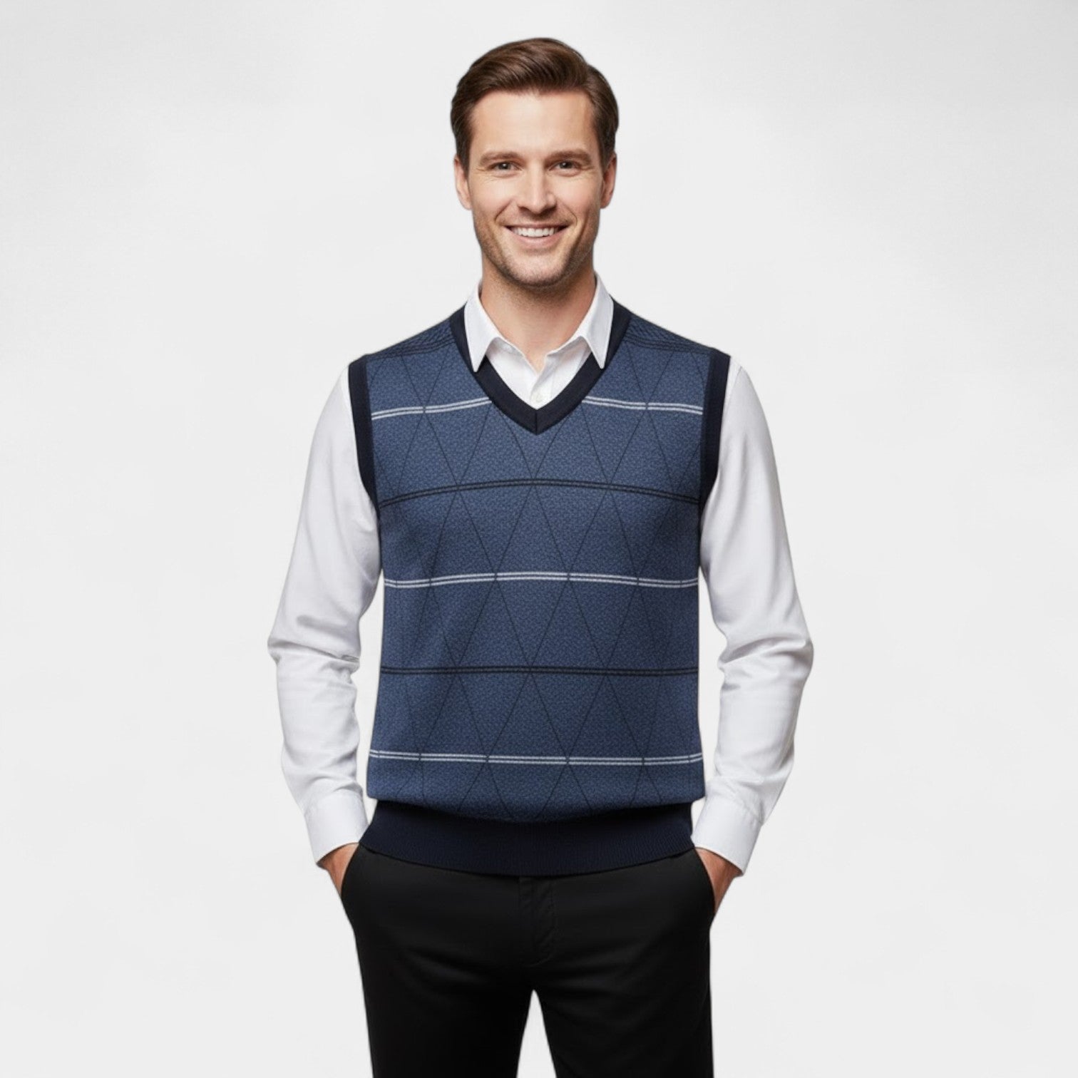 Riche | Gilet Sans Manches Col V Homme – Maille à Motif Losange