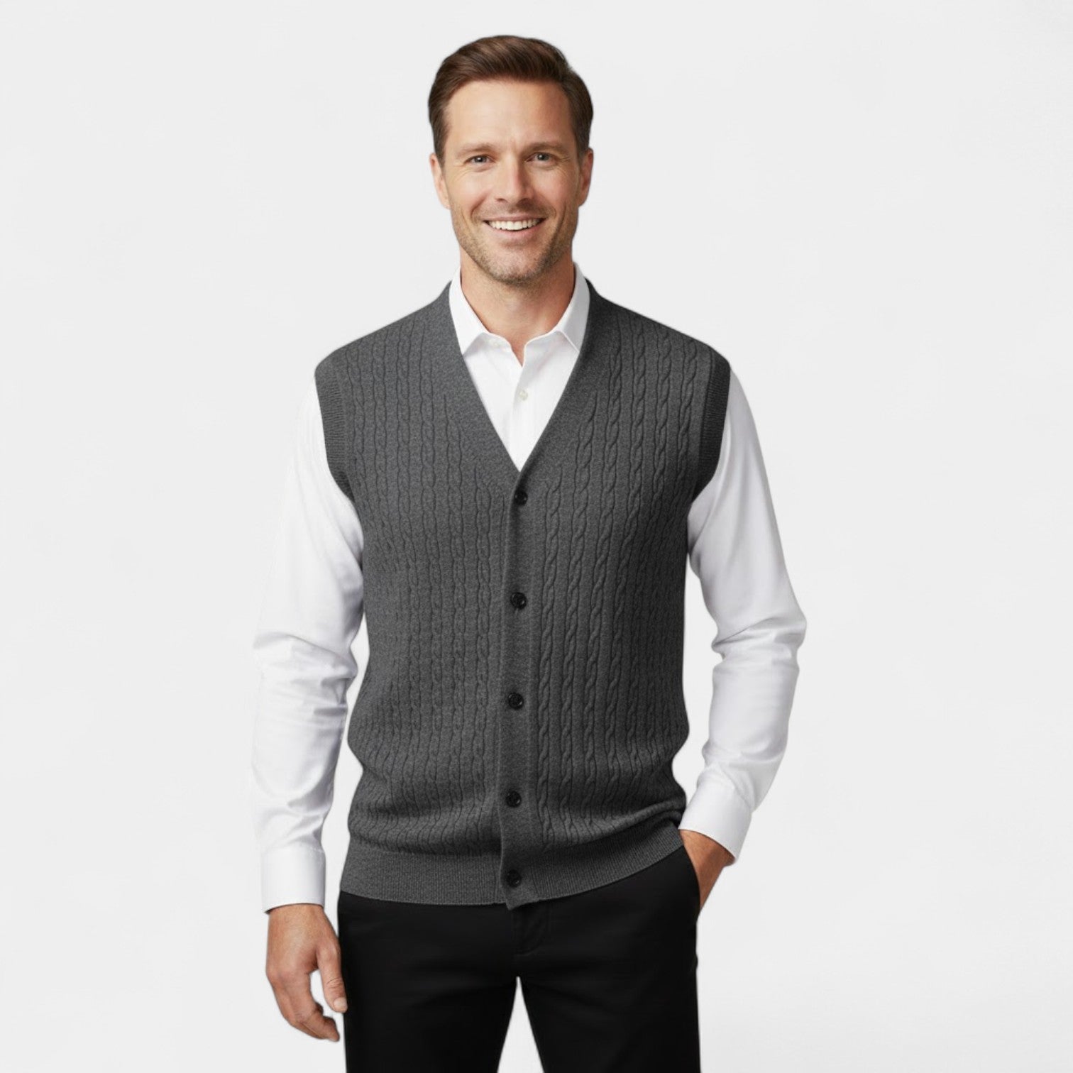 Riche | Lot de 3 Gilets Sans Manches Col V Homme – Maille Torsadée Boutonnée