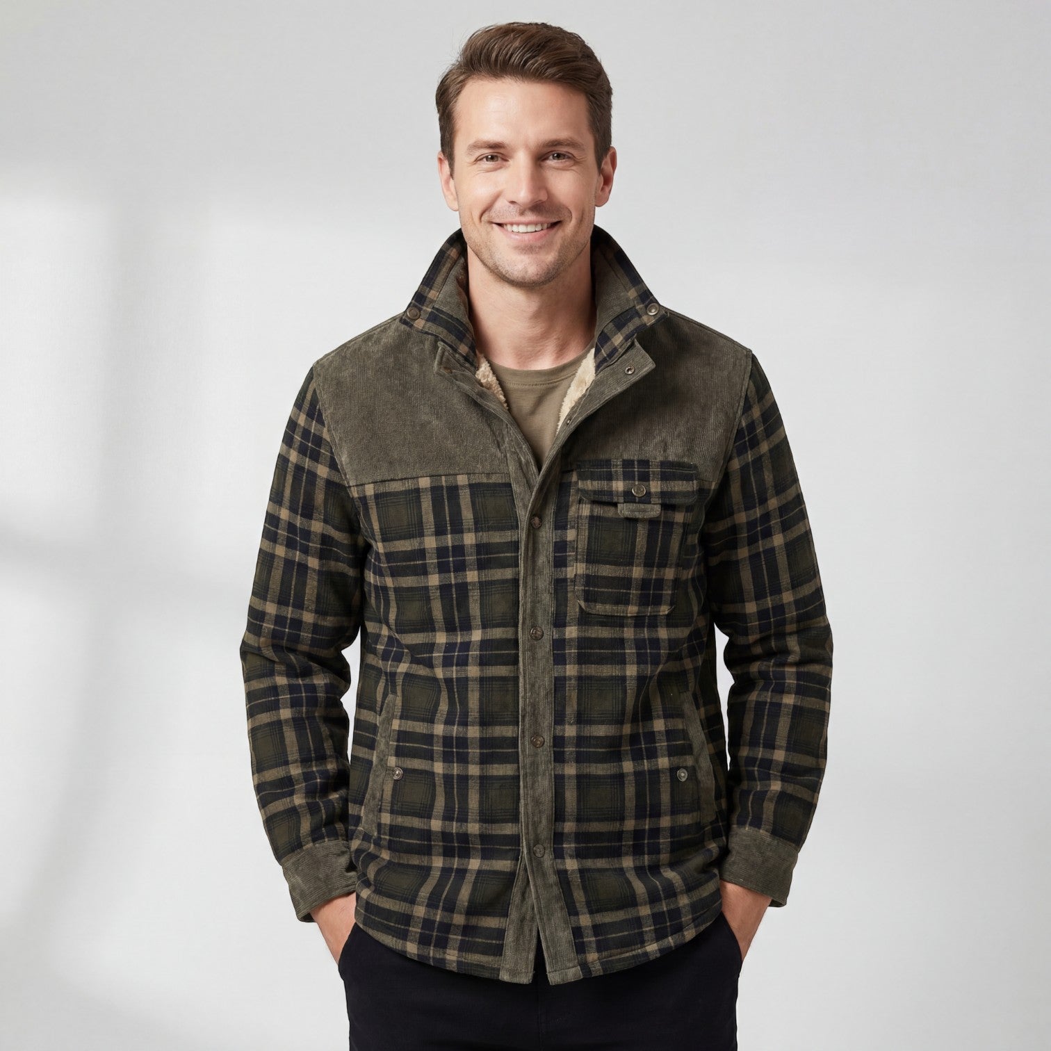 Riche | Veste Homme à Carreaux en Coton Doublée Polaire Style Casual Robuste