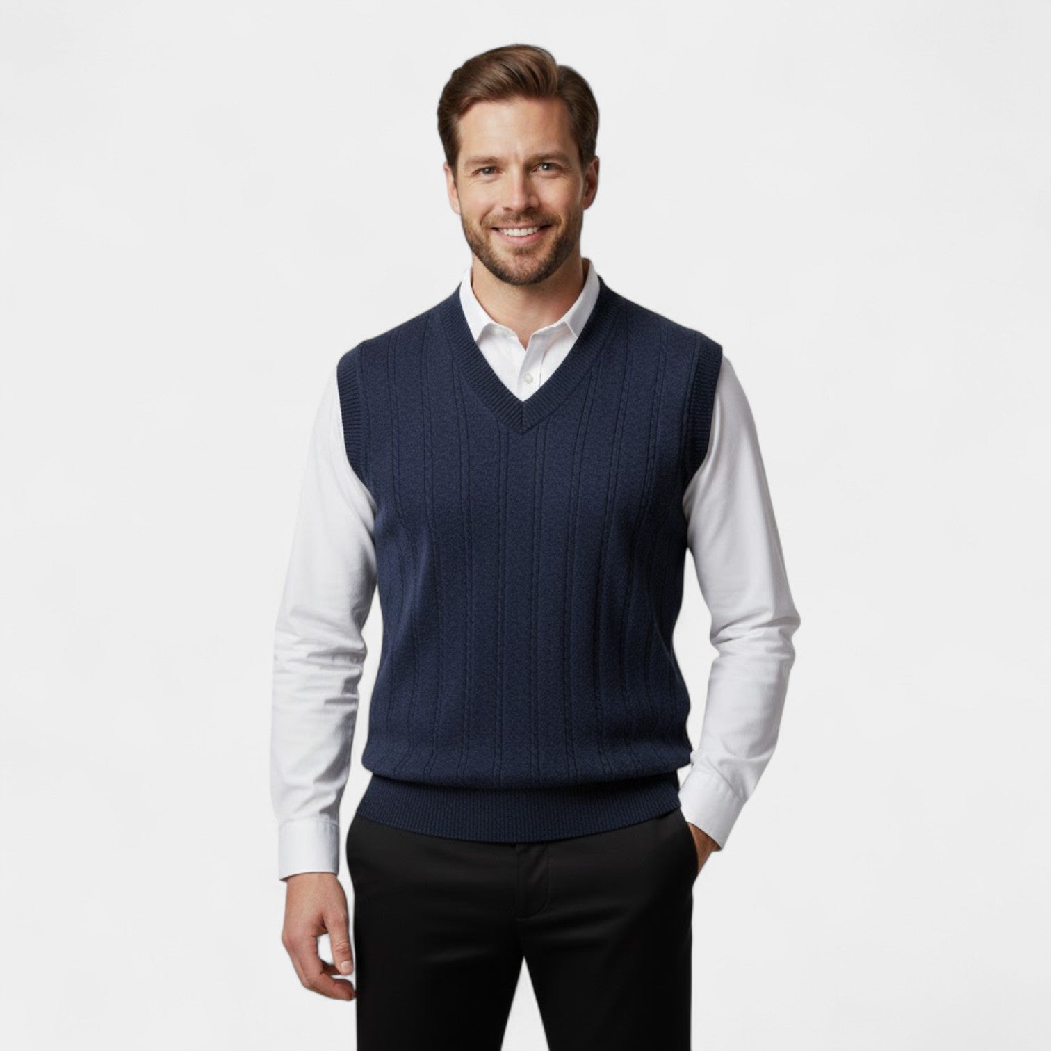 Riche | Gilet Sans Manches Col V Homme – Maille Torsadée