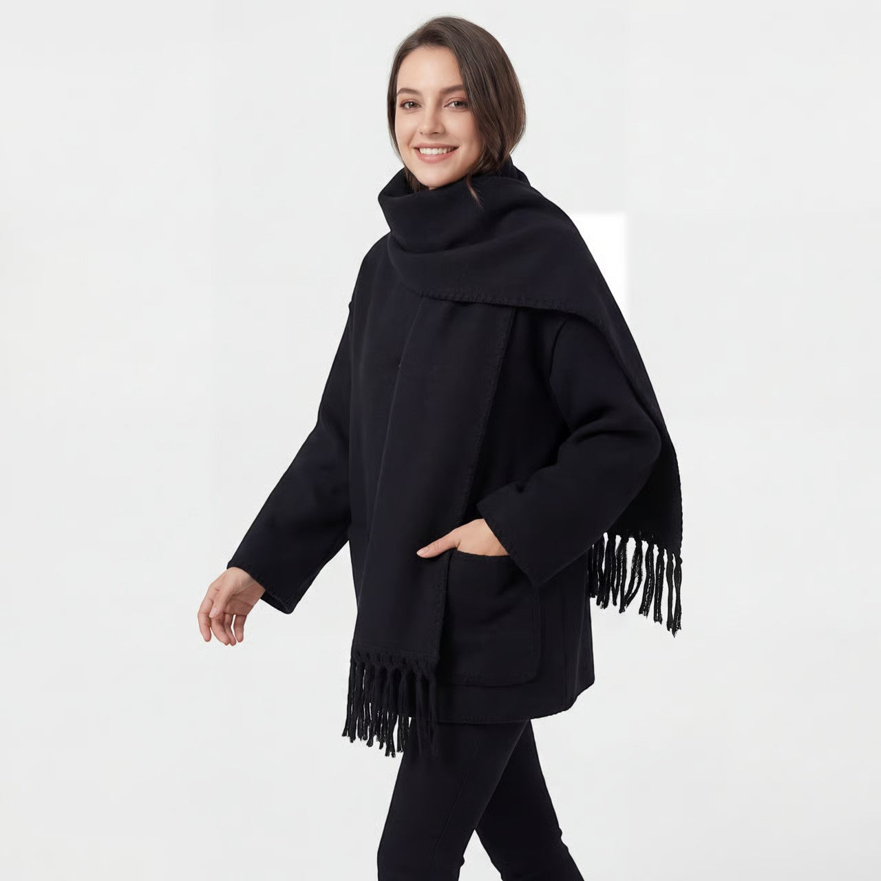 Riche | Manteau tissé coupe ample avec écharpe pour femme