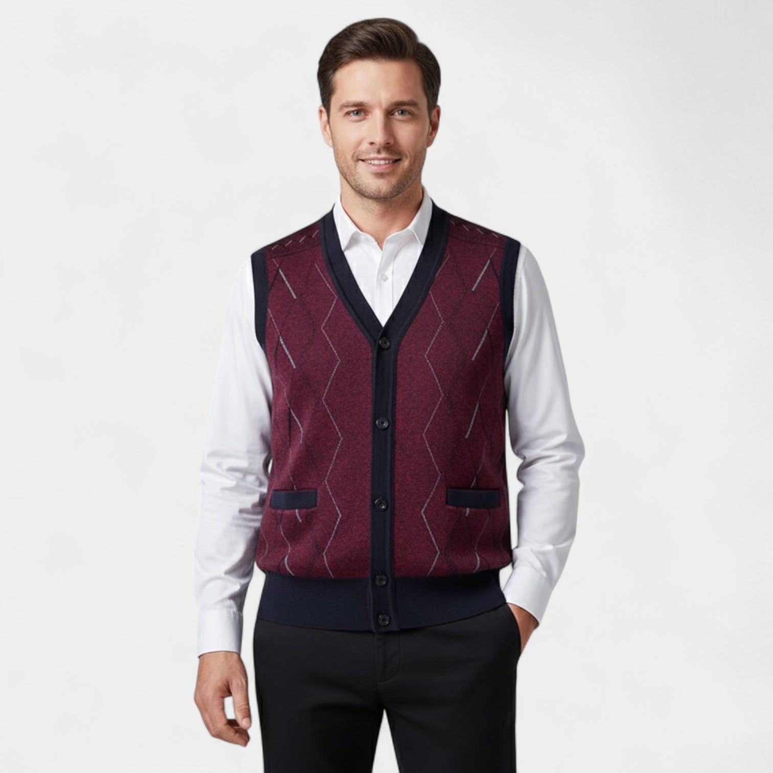Riche | Gilet Sans Manches Col V Homme – Cardigan Boutonné à Motif