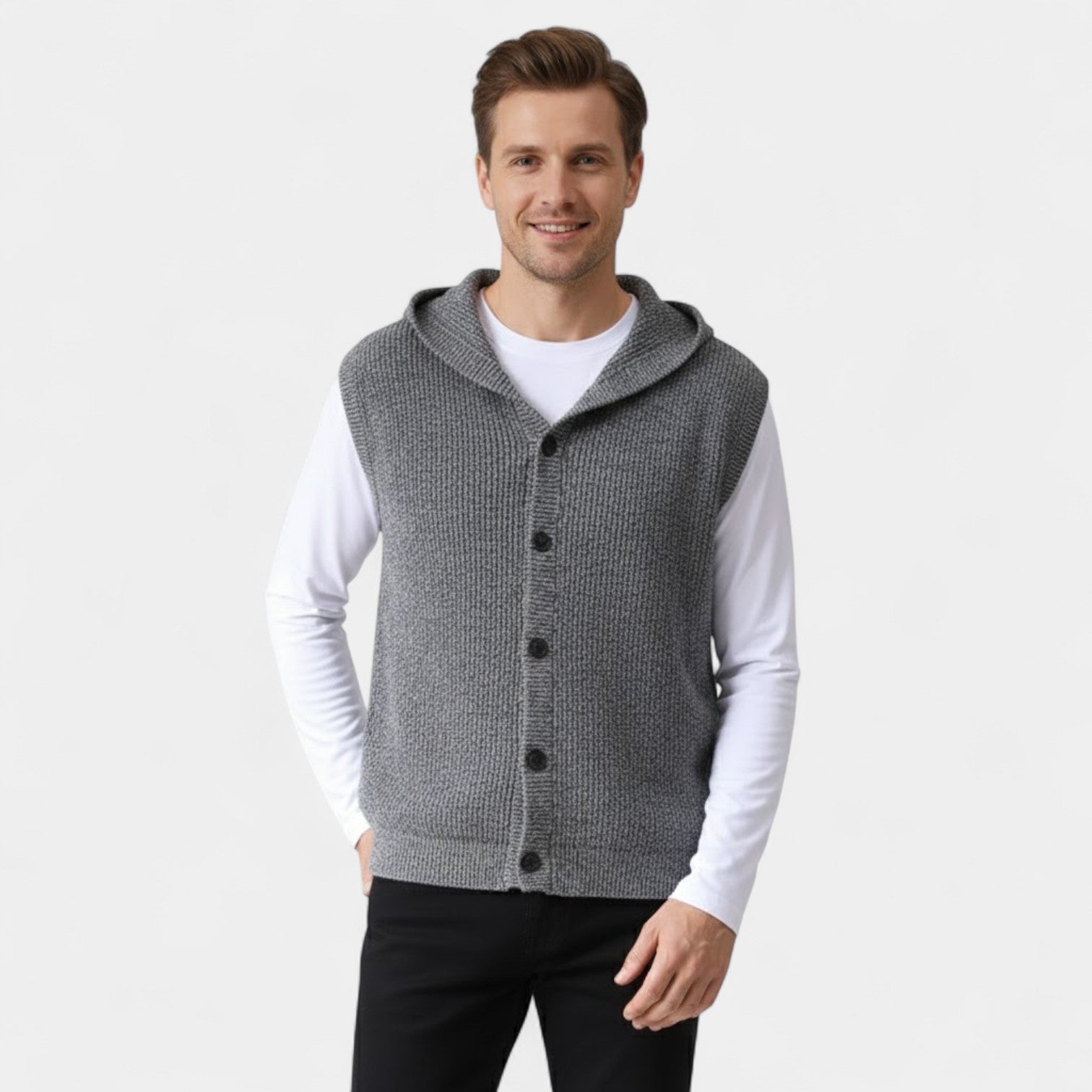 Riche | Gilet Sans Manches Col V Homme – 100% Laine Mérinos à Capuche