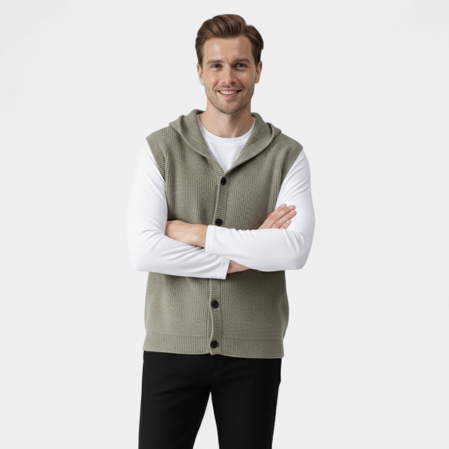 Riche | Gilet Sans Manches Col V Homme – 100% Laine Mérinos à Capuche