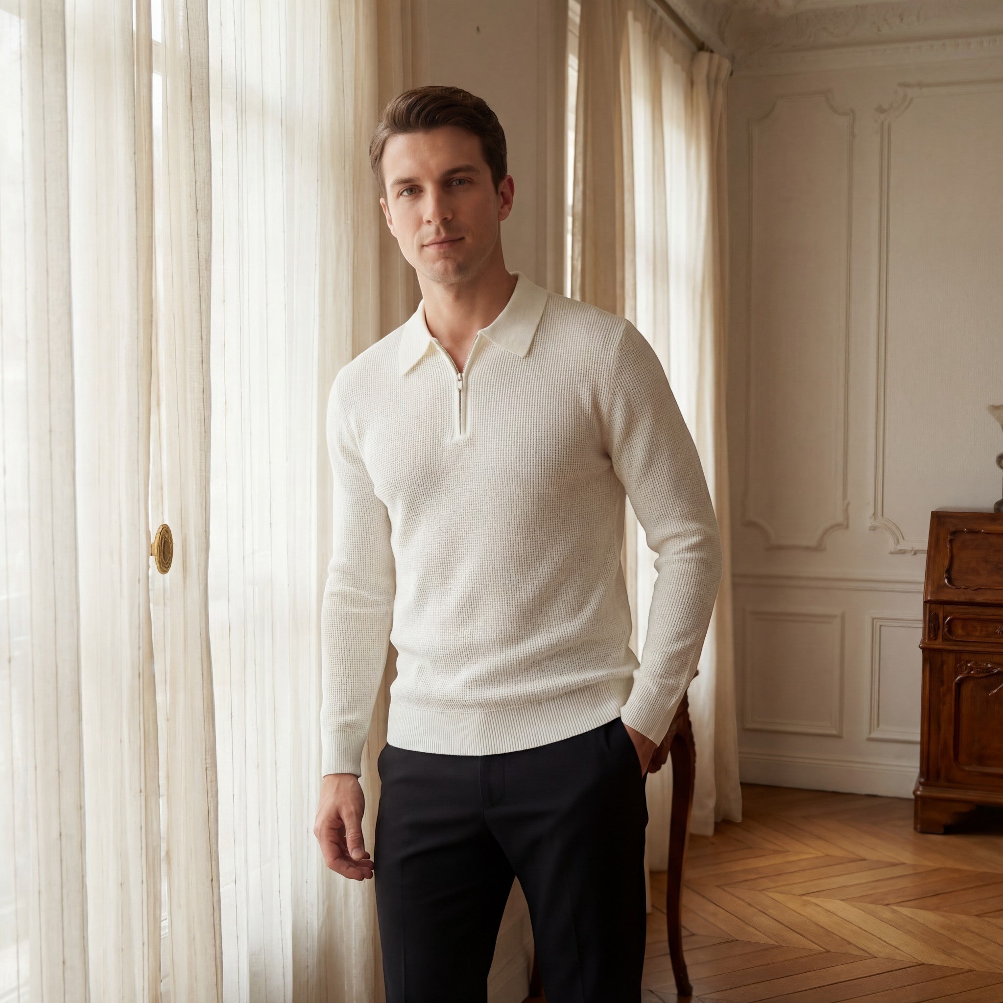 Riche | Pull homme en maille gaufrée à demi-zip