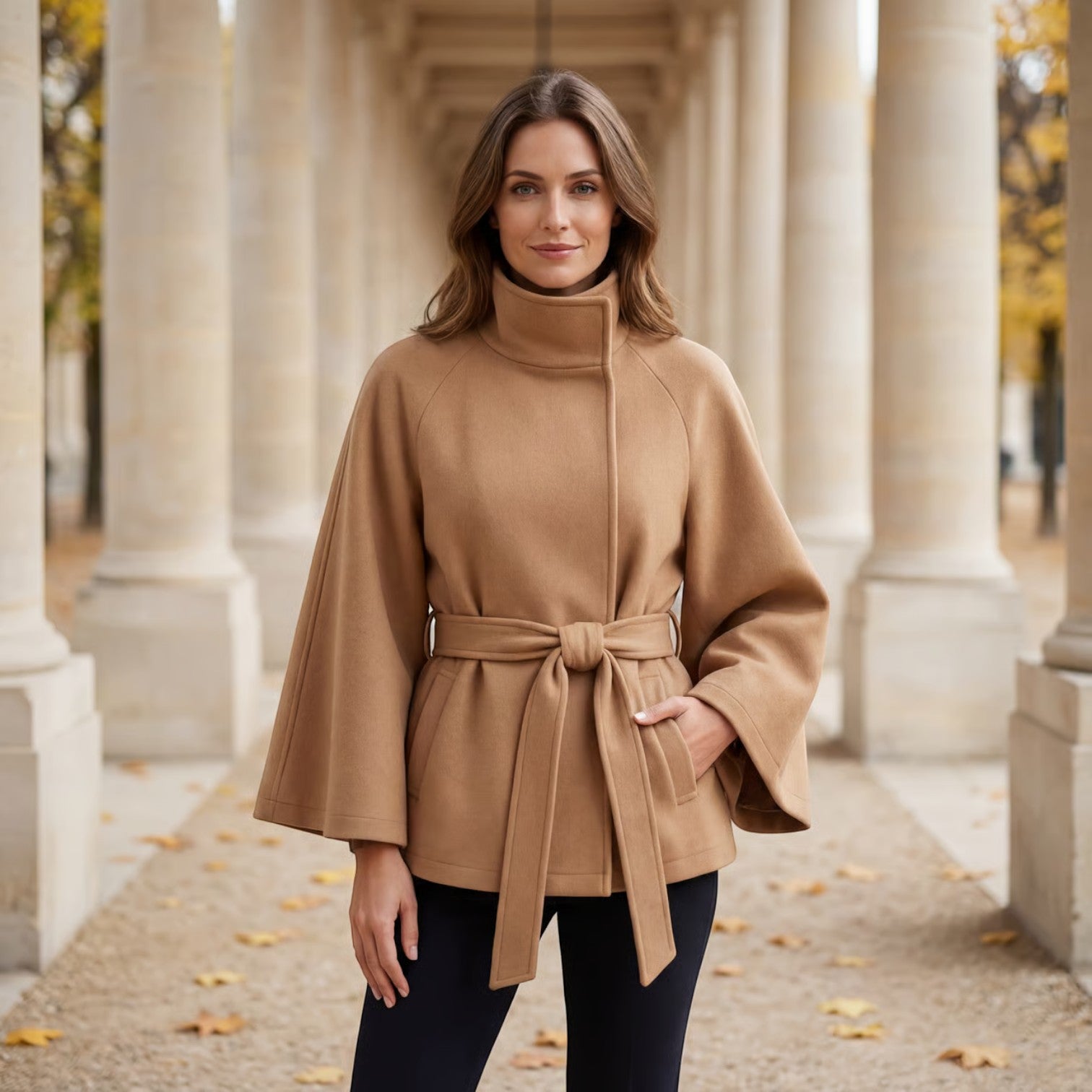 Riche | Manteau Ceinturé Femme à Col Montant et Manches Chauve-Souris en Tissu Tissé