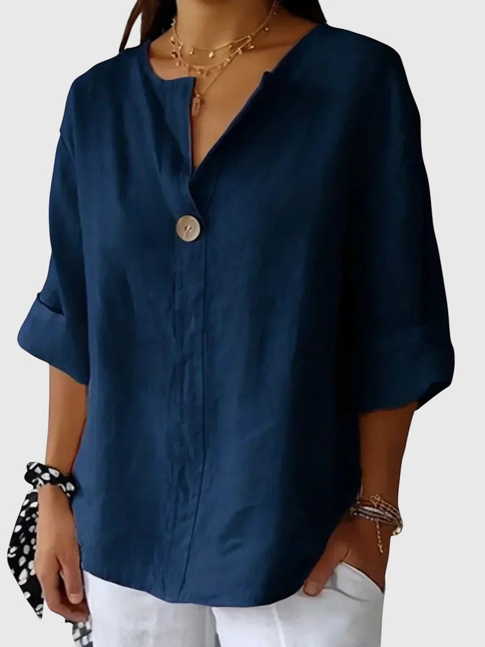 Riche | Chemisier Femme en Mélange de Lin à Col V Boutonné