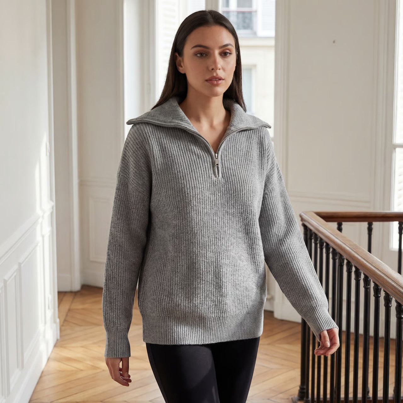 Riche | Pull Femme Côtelé en Maille à Demi-Zip