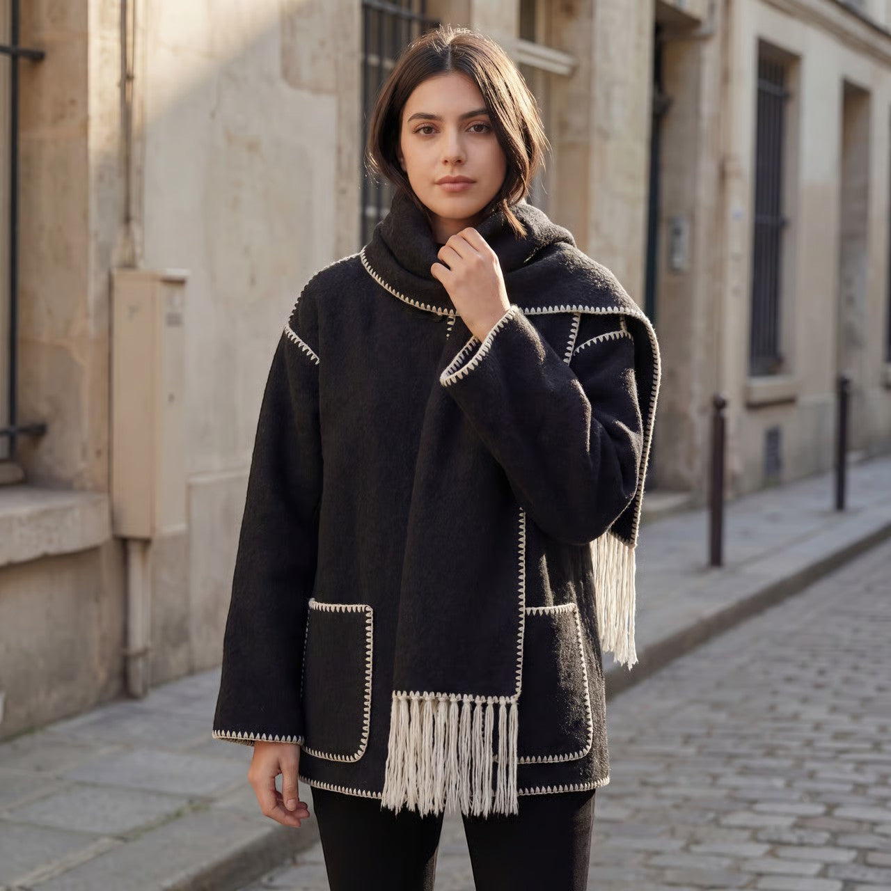 Riche | Manteau tissé coupe ample avec écharpe pour femme