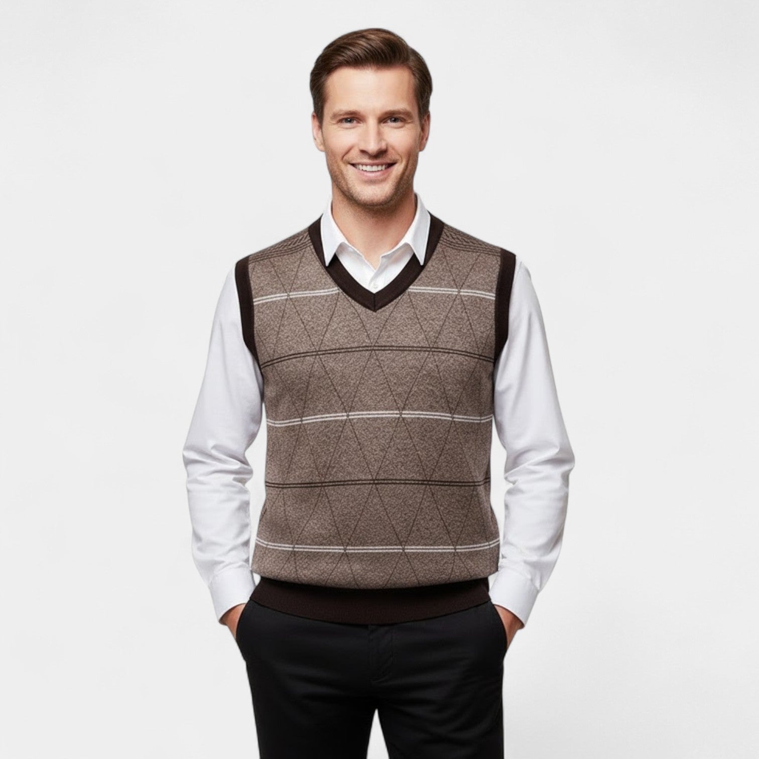 Riche | Gilet Sans Manches Col V Homme – Maille à Motif Losange