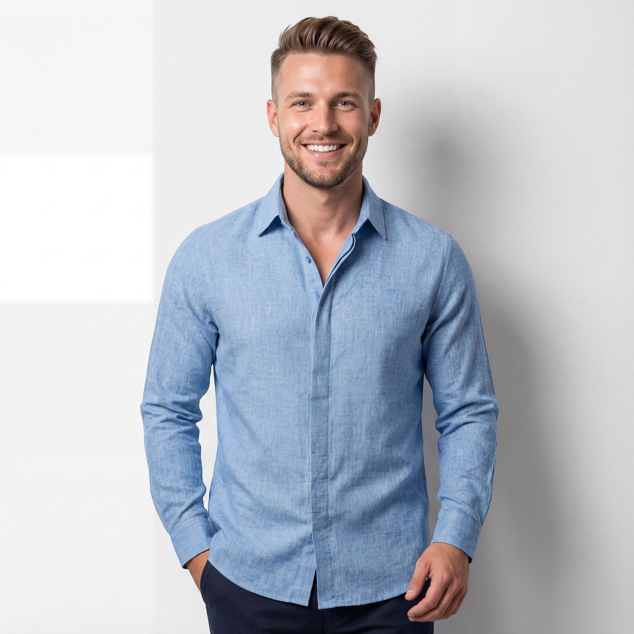 Riche | Chemise Boutonnée à Manches Longues en Lin Mélangé pour Homme