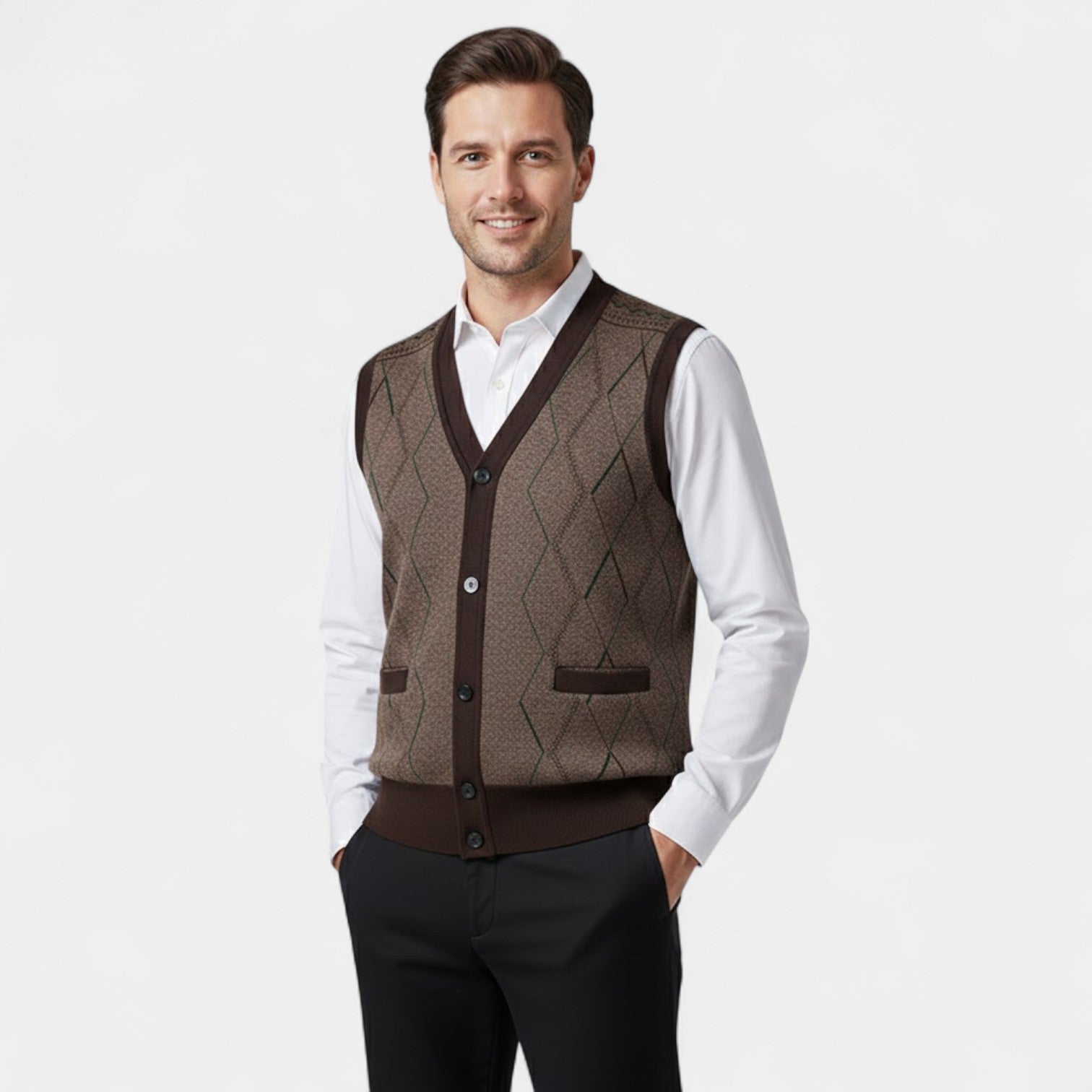 Riche | Gilet Sans Manches Col V Homme – Cardigan Boutonné à Motif