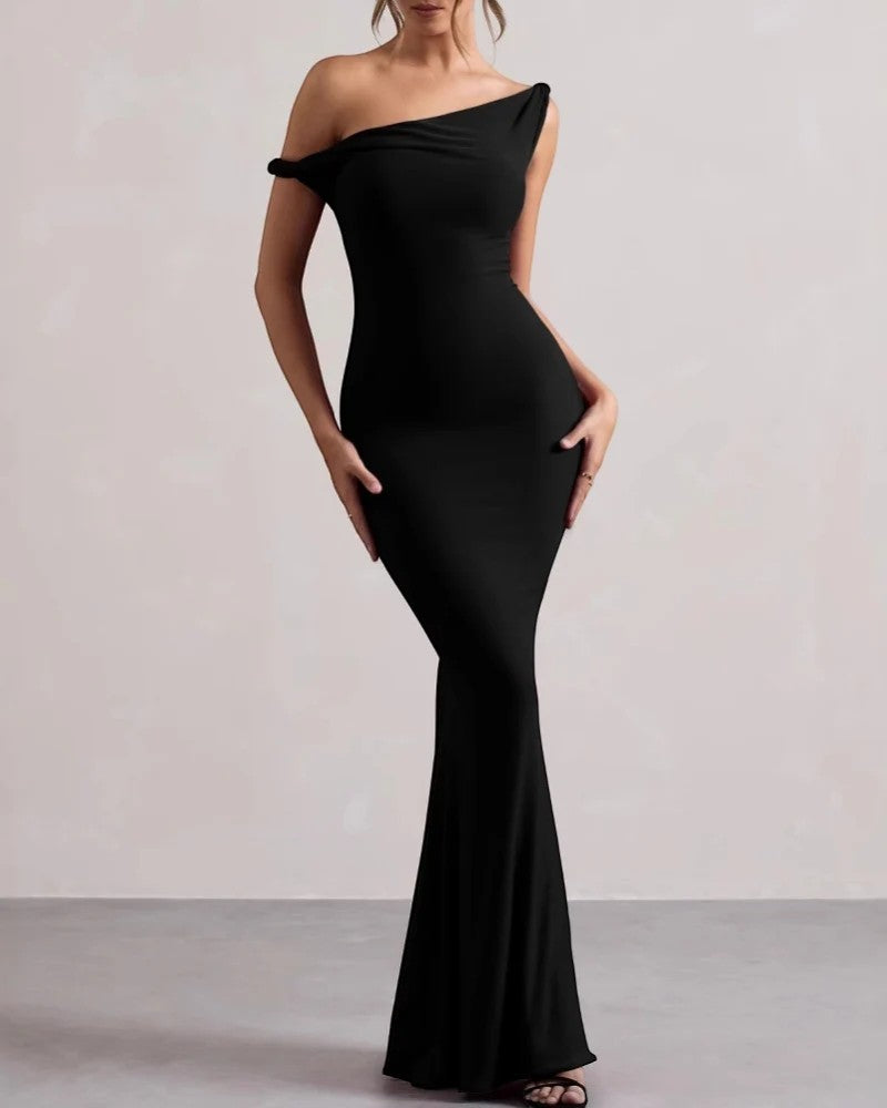 Robe Bodycon Femme One-Shoulder en Maille Extensible – Coupe Maxi Élégante