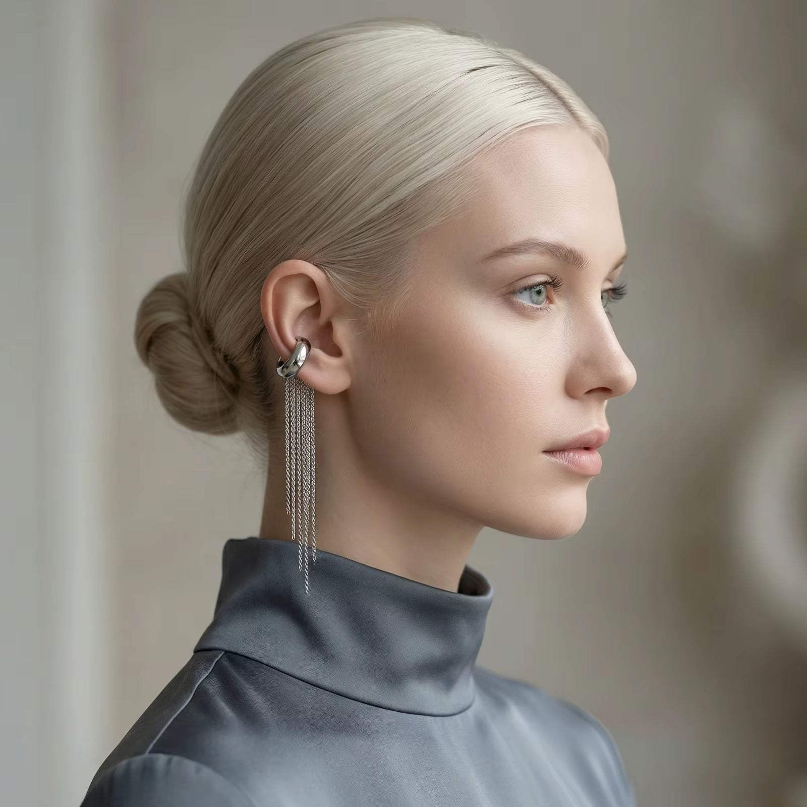 Ear cuff femme en acier inoxydable à pampilles – Longue chute statement