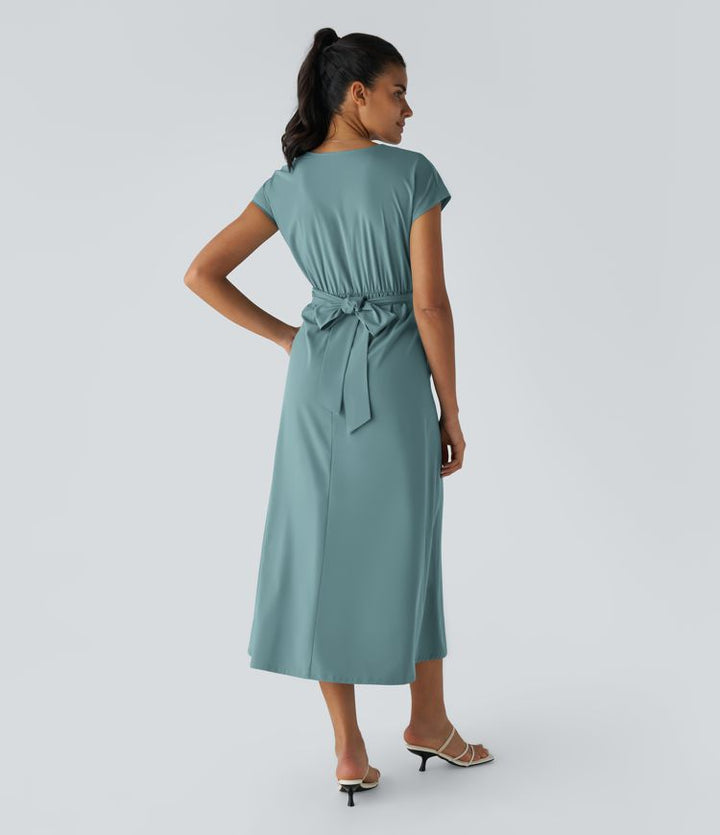 Leichtes Midi-Kleid mit V-Ausschnitt für Damen – Elastischer Bund, ausgestellter Schnitt