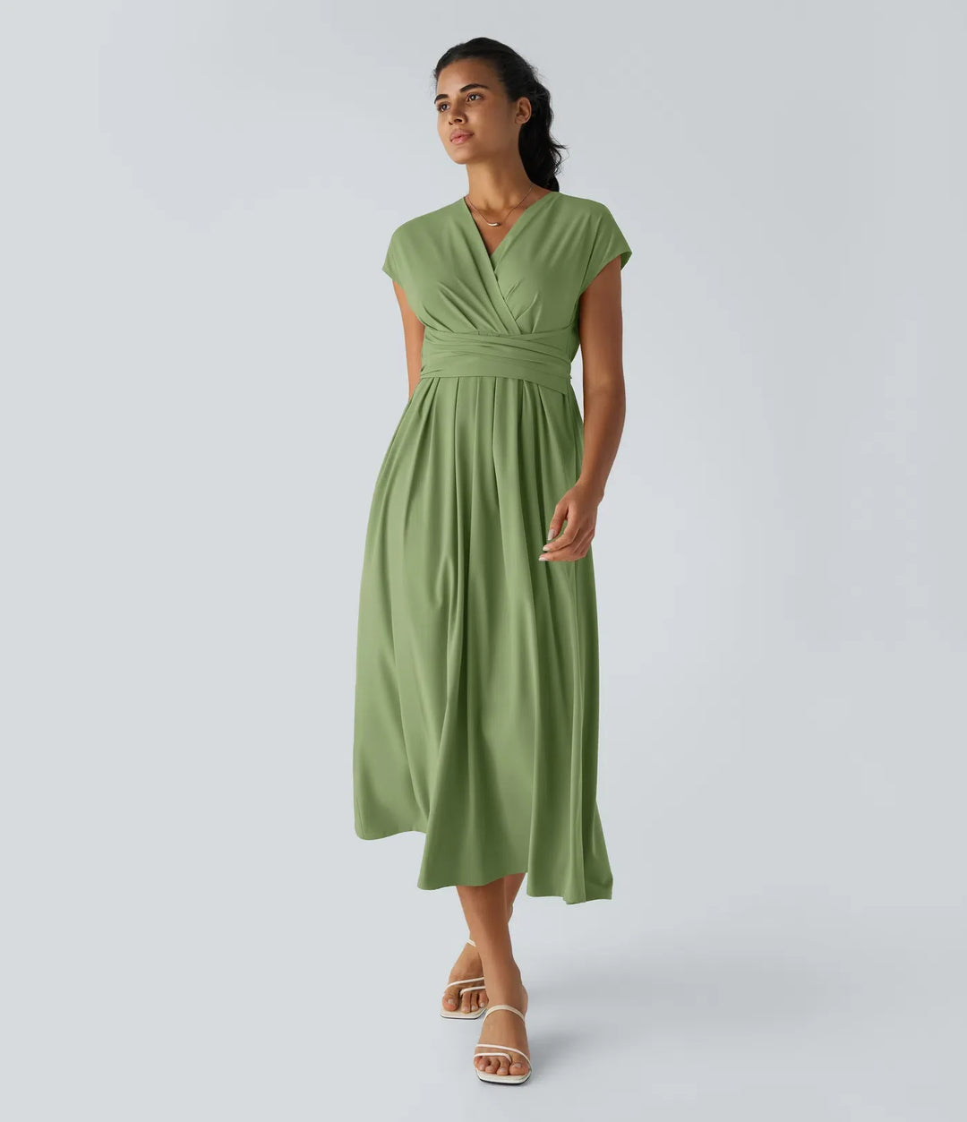 Leichtes Midi-Kleid mit V-Ausschnitt für Damen – Elastischer Bund, ausgestellter Schnitt