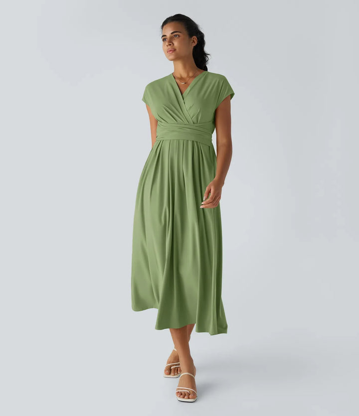 Leichtes Midi-Kleid mit V-Ausschnitt für Damen – Elastischer Bund, ausgestellter Schnitt