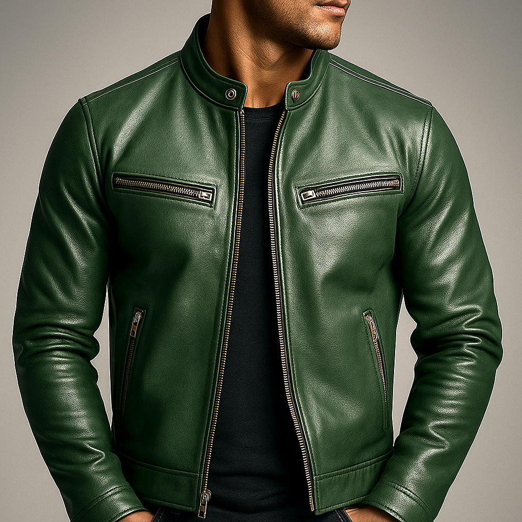 Veste Homme Vintage Cuir – Col Montant Coupe Structurée Fermeture Zippée Poches