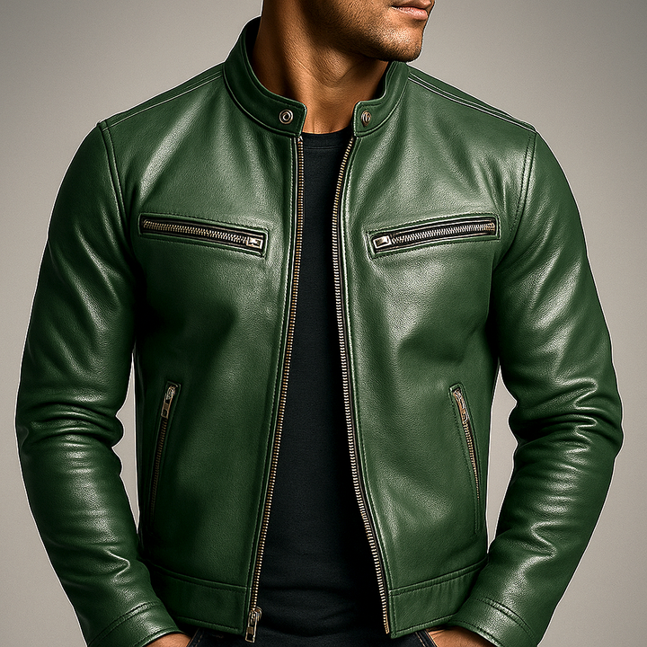 Veste Homme Vintage Cuir – Col Montant Coupe Structurée Fermeture Zippée Poches