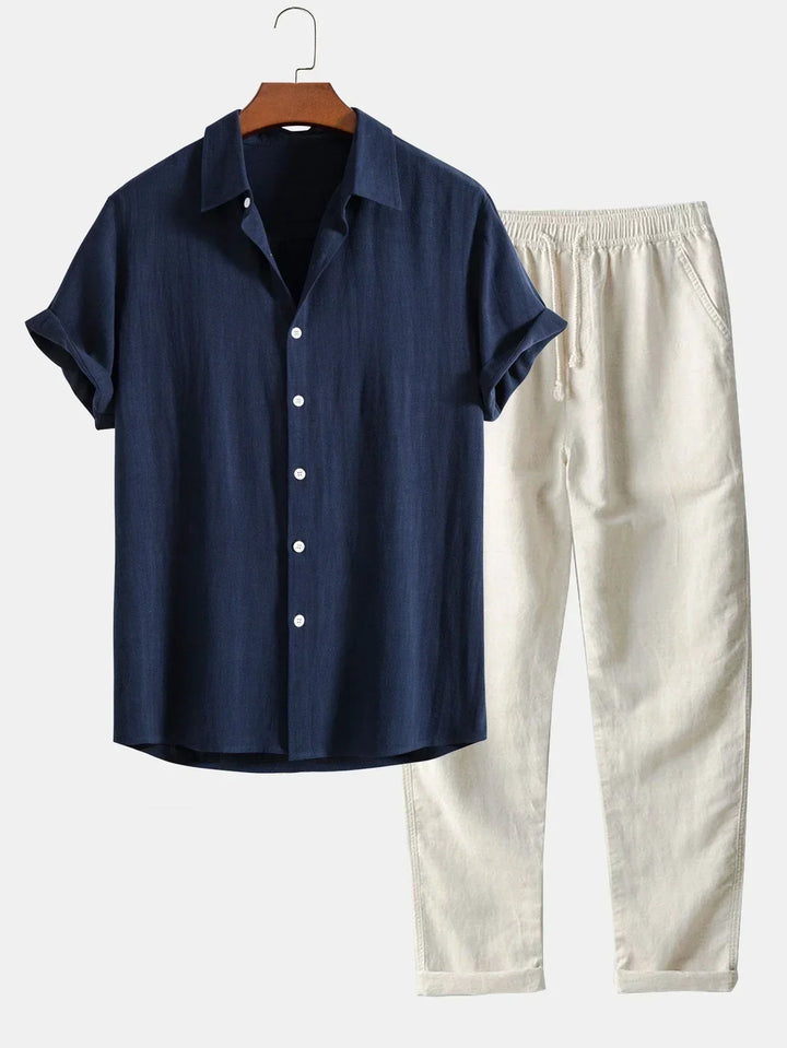 Ensemble Deux Pièces en Lin pour Homme – Chemise Manches Courtes Pantalon à Cordon